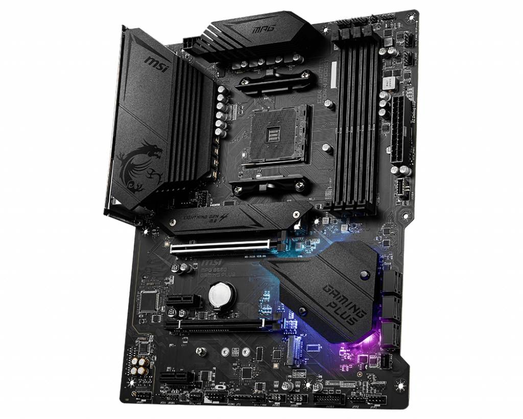 Une carte mère noire MSI avec plusieurs emplacements et connecteurs, compatible avec les jeux de puces AMD.