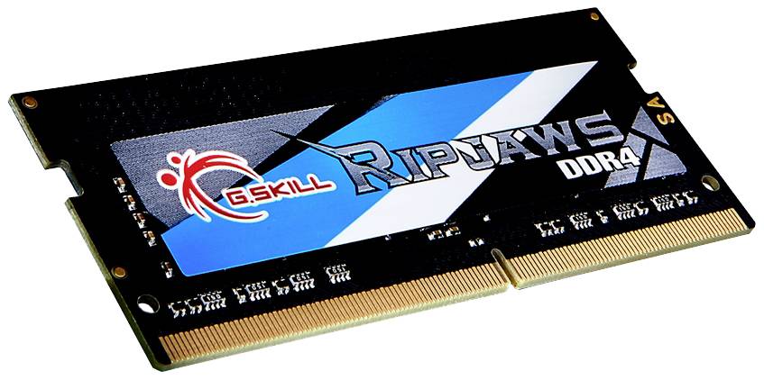 Module de RAM DDR4 G.SKILL Ripjaws au design bleu et noir sur fond noir.