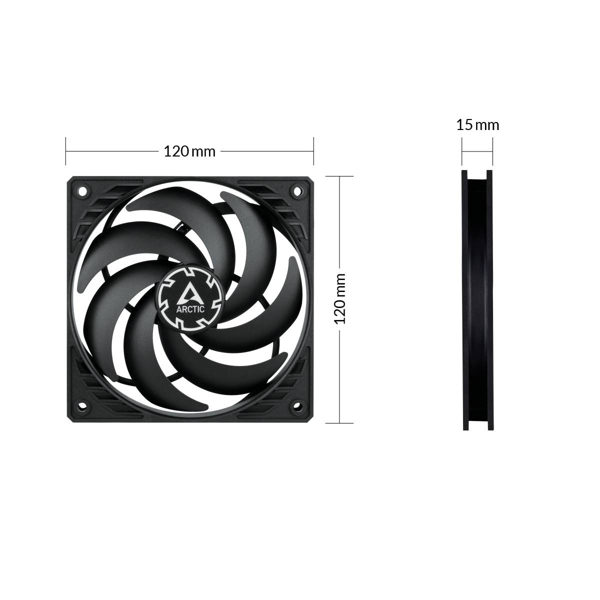 Un ventilateur d'ordinateur noir de 120 mm x 120 mm x 15 mm, portant le logo d'Arctic, vu de face et de côté.