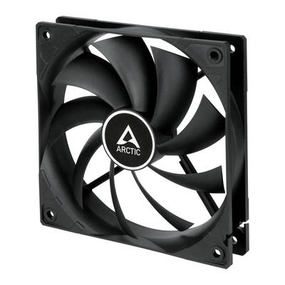 Ventilateur d'ordinateur noir avec neuf pales et un cadre carré. Marque 'ARCTIC' au centre. Conçu pour le refroidissement du matériel informatique.