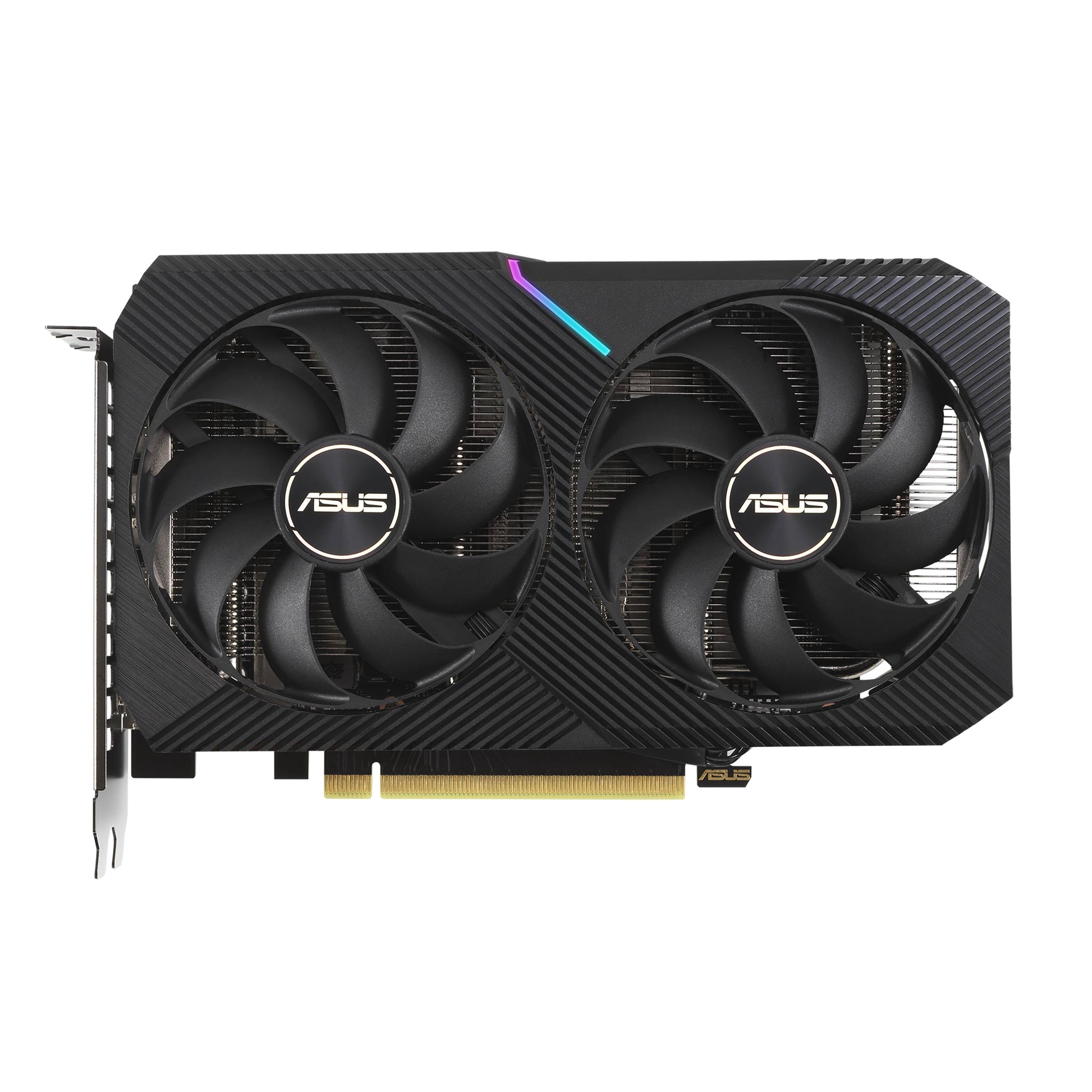 Une carte graphique ASUS, modèle avec deux grands ventilateurs pour le refroidissement, design noir avec un léger détail RVB sur le dessus.