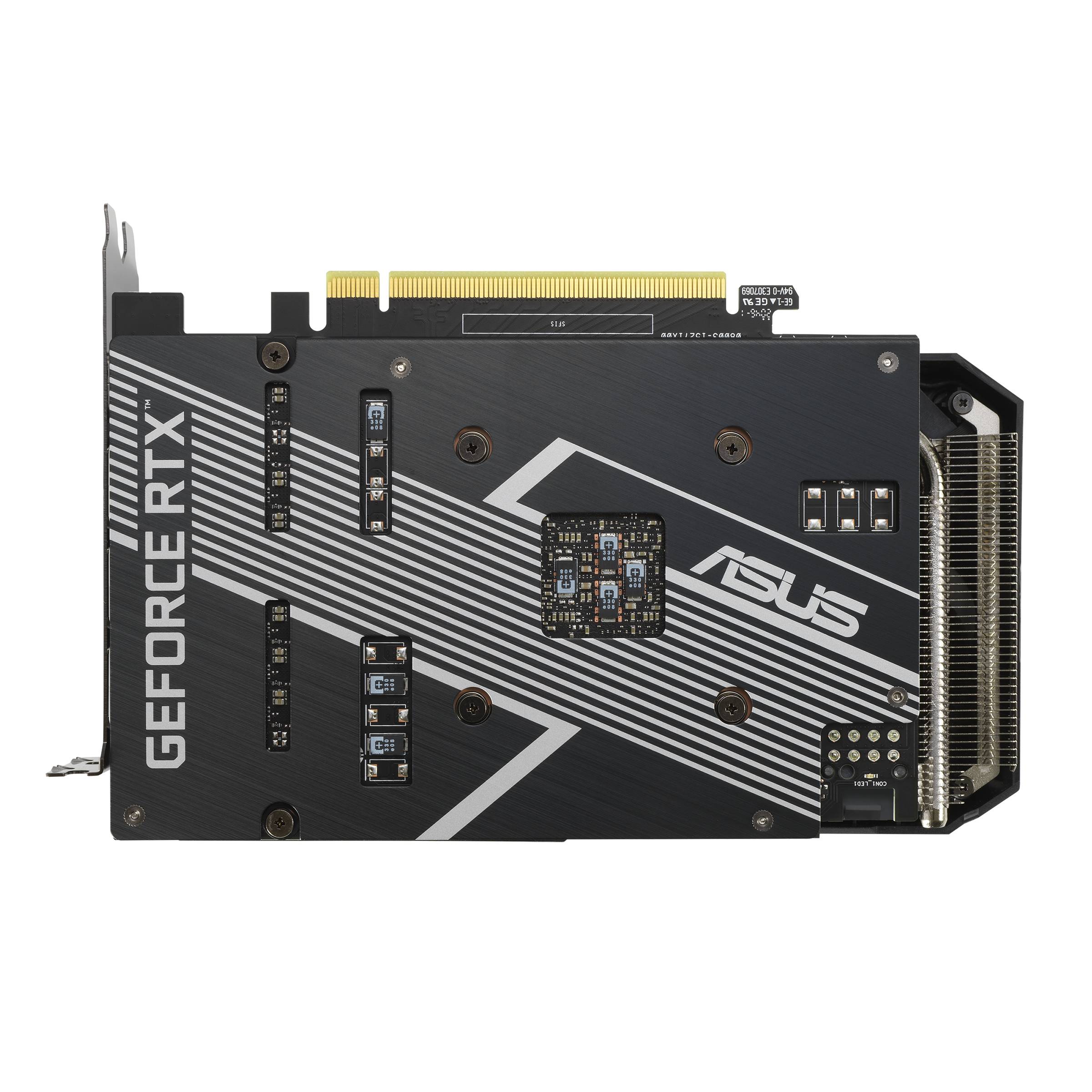 'Carte graphique ASUS GeForce RTX, face arrière avec éléments de refroidissement et options de connexion, adaptée au traitement graphique haute performance.'