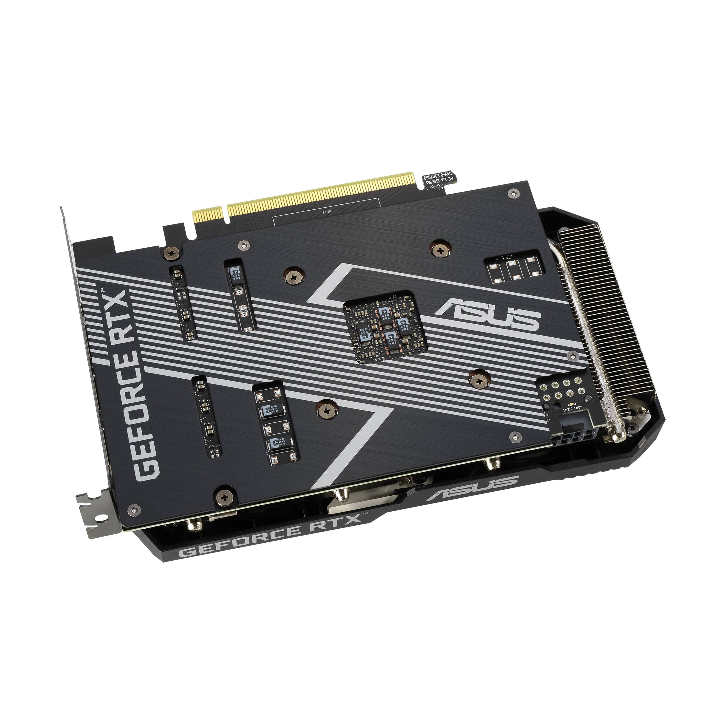 Carte graphique 'ASUS GeForce RTX' vue de dessus, montrant les ailettes de refroidissement et le circuit imprimé (PCB).