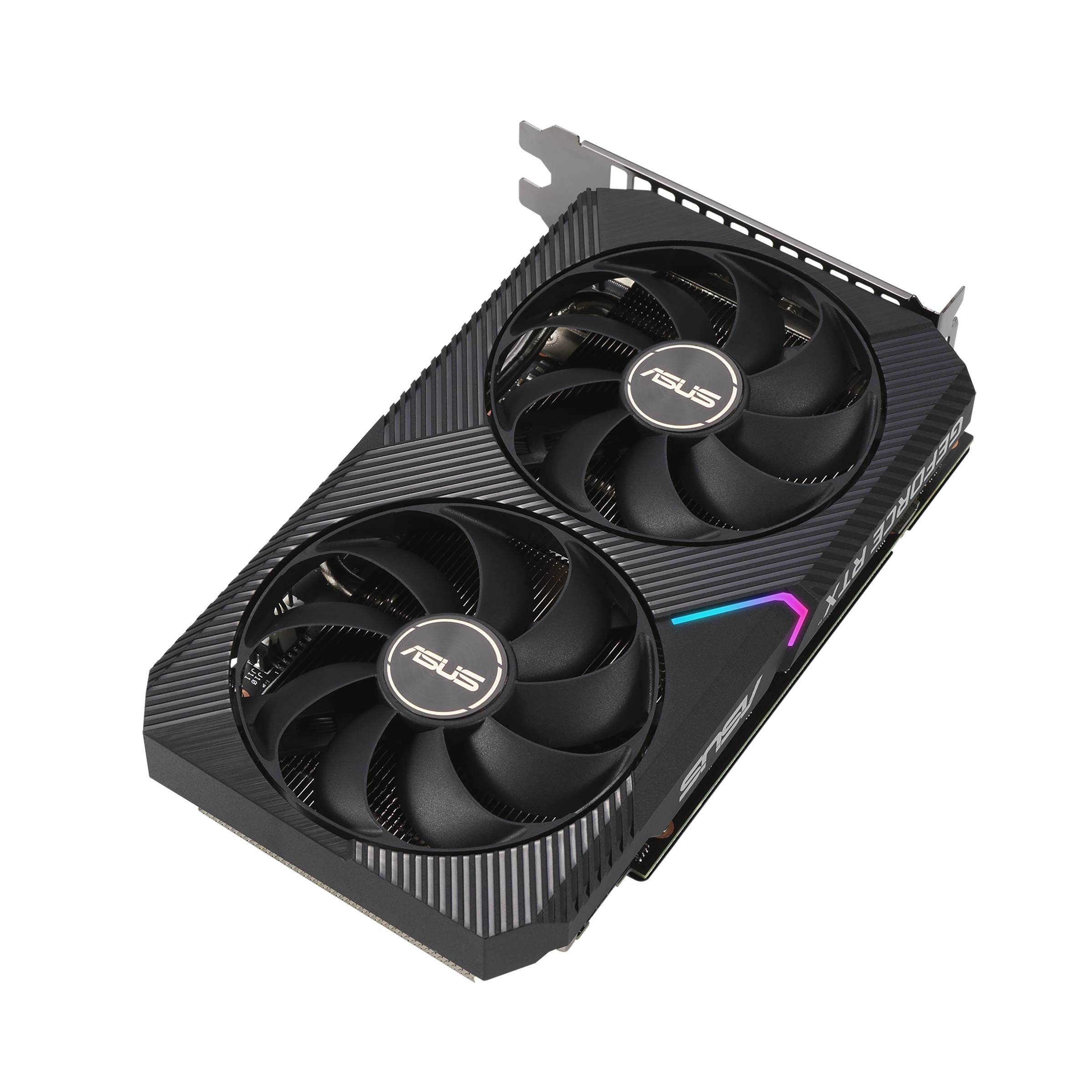 Carte graphique à deux ventilateurs, logo ASUS visible. Adaptée pour améliorer les performances graphiques des ordinateurs.