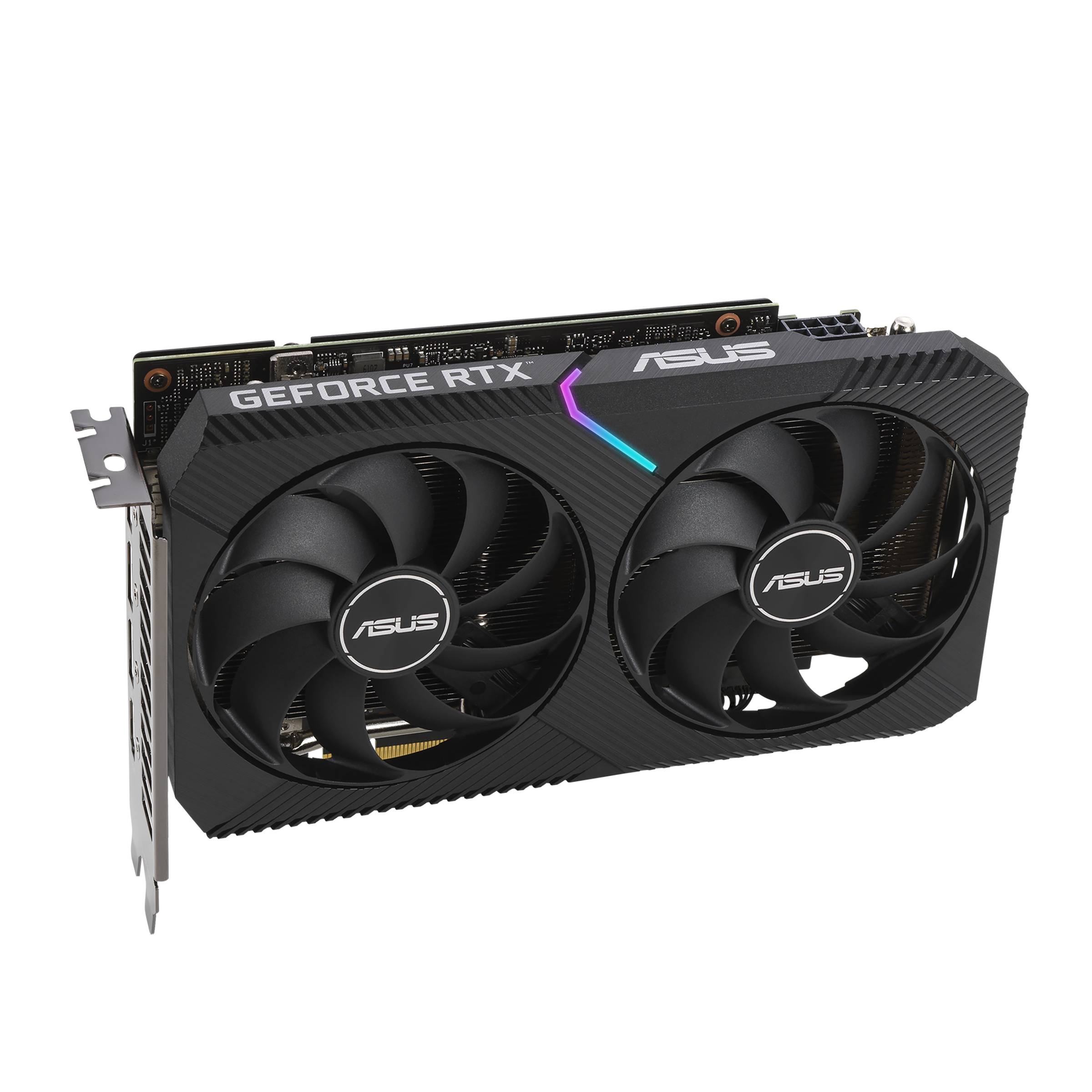 Carte graphique ASUS GeForce RTX à deux ventilateurs, boîtier noir et inscriptions sur le dessus. Conçue pour le gaming et les performances.