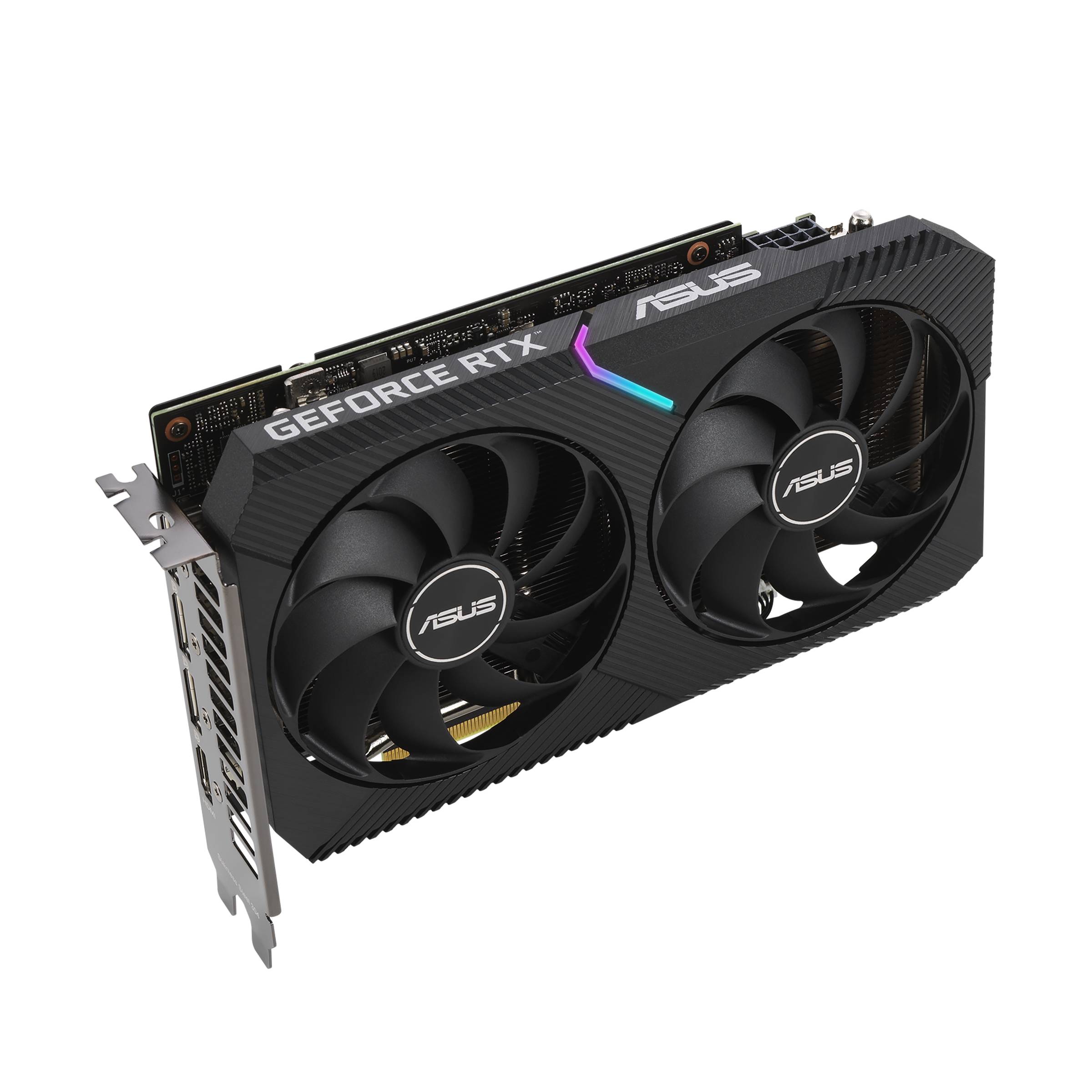 Une carte graphique noire ASUS avec deux ventilateurs et l'inscription 'GEFORCE RTX' sur le côté.