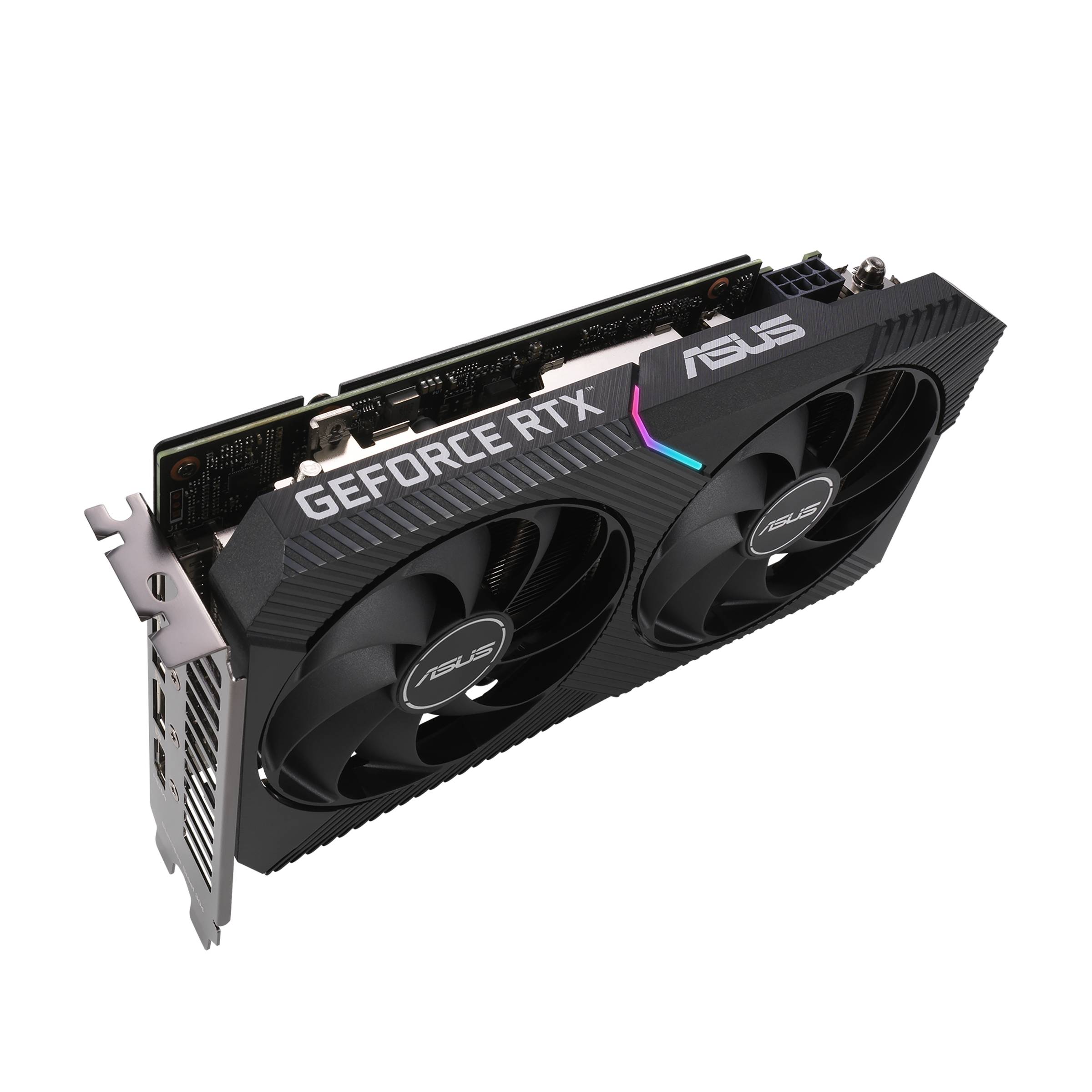 Carte graphique ASUS GeForce RTX à deux ventilateurs et connecteurs sur la gauche, optimale pour les jeux hautes performances et les applications graphiques.