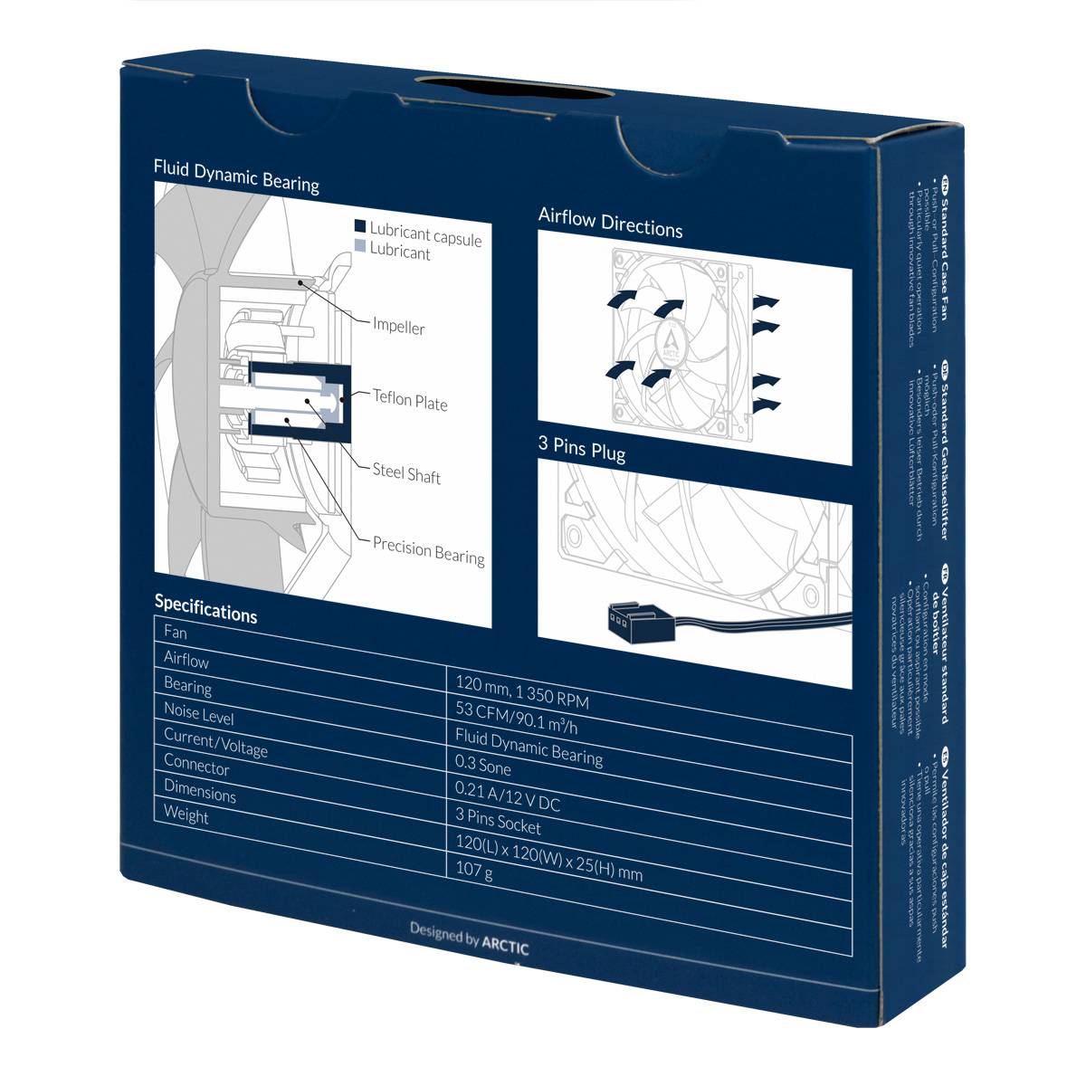 Emballage d'un ventilateur d'ordinateur de la marque ARCTIC. Présente des détails techniques tels que la taille, le débit d'air, le type de roulement et la consommation électrique. Diagrammes de direction et connecteur 3 broches illustrés.