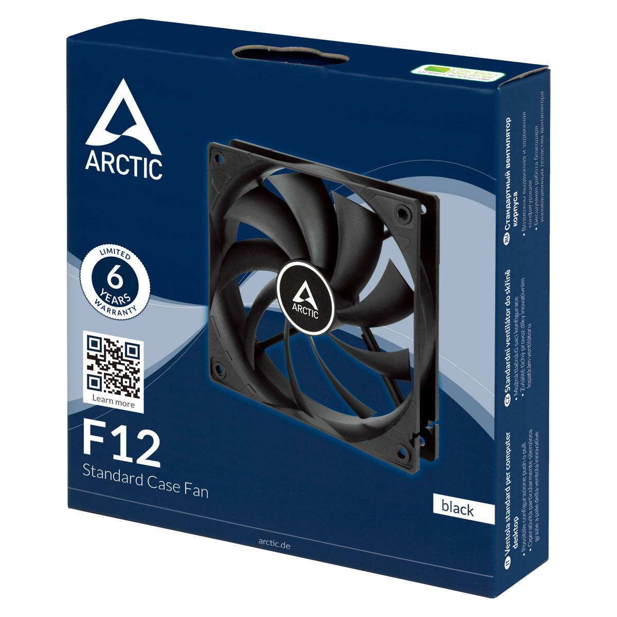 Emballage de 'ARCTIC F12 Standard Case Fan' en bleu avec un ventilateur noir illustré. Contient un code QR et une mention de garantie de 6 ans.