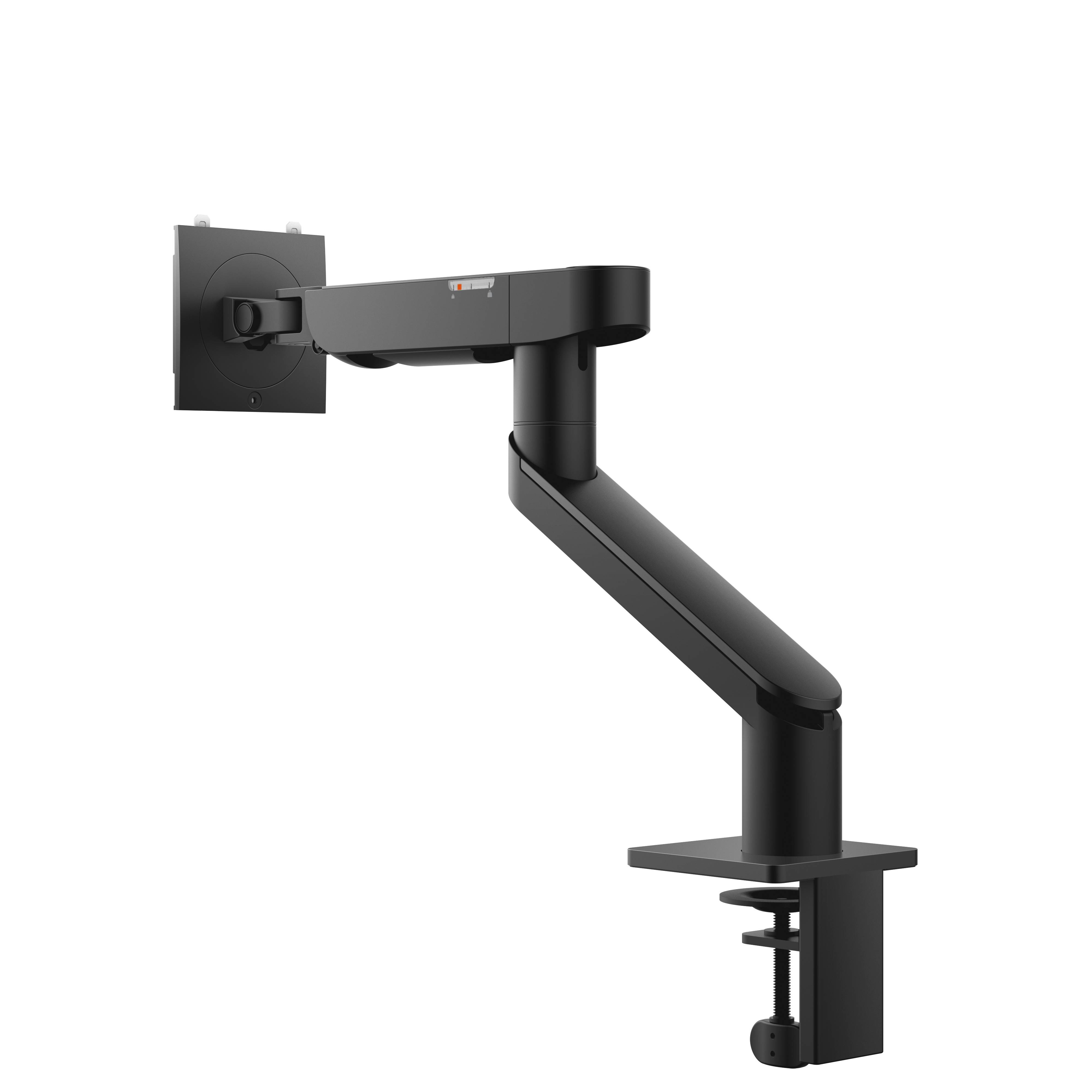 Un bras de moniteur ajustable individuel en noir, monté sur un bureau, pour un aménagement ergonomique du poste de travail.