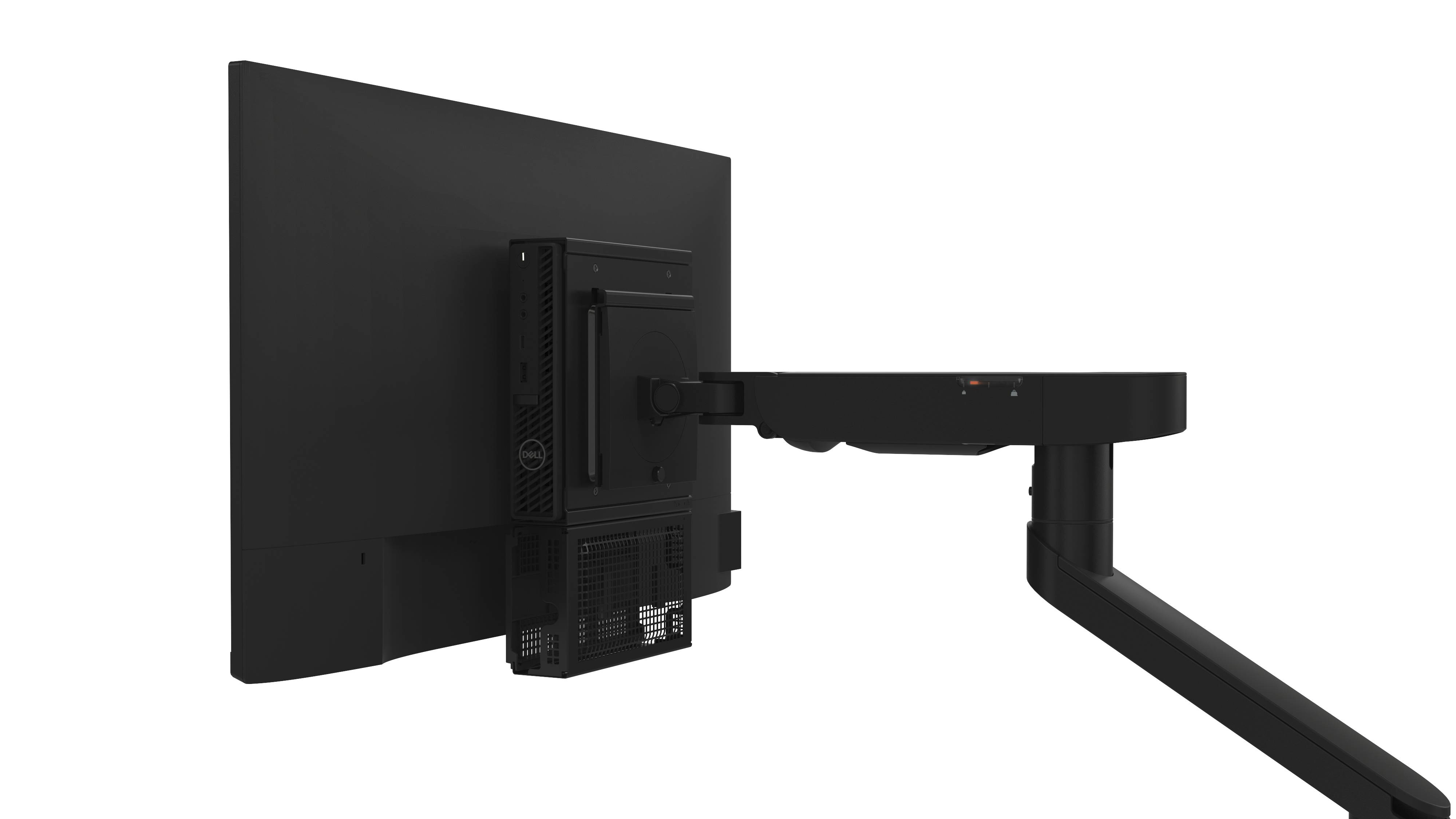 Un écran d'ordinateur noir est fixé à un bras articulé et ajustable, monté à l'arrière du moniteur.