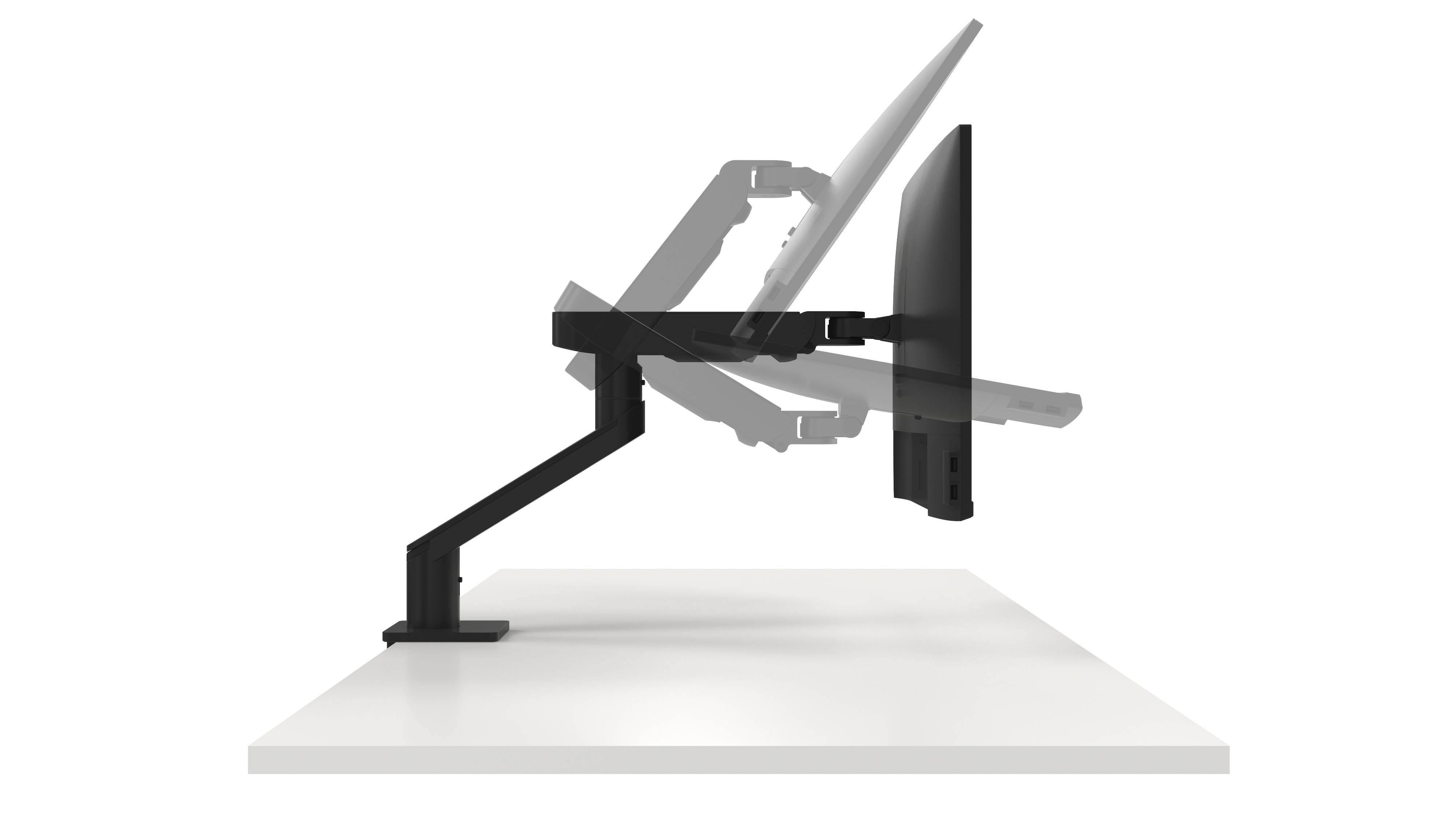 Un bras de moniteur ajustable, fixé à une table, montre différentes positions de l'écran pour un travail ergonomique.