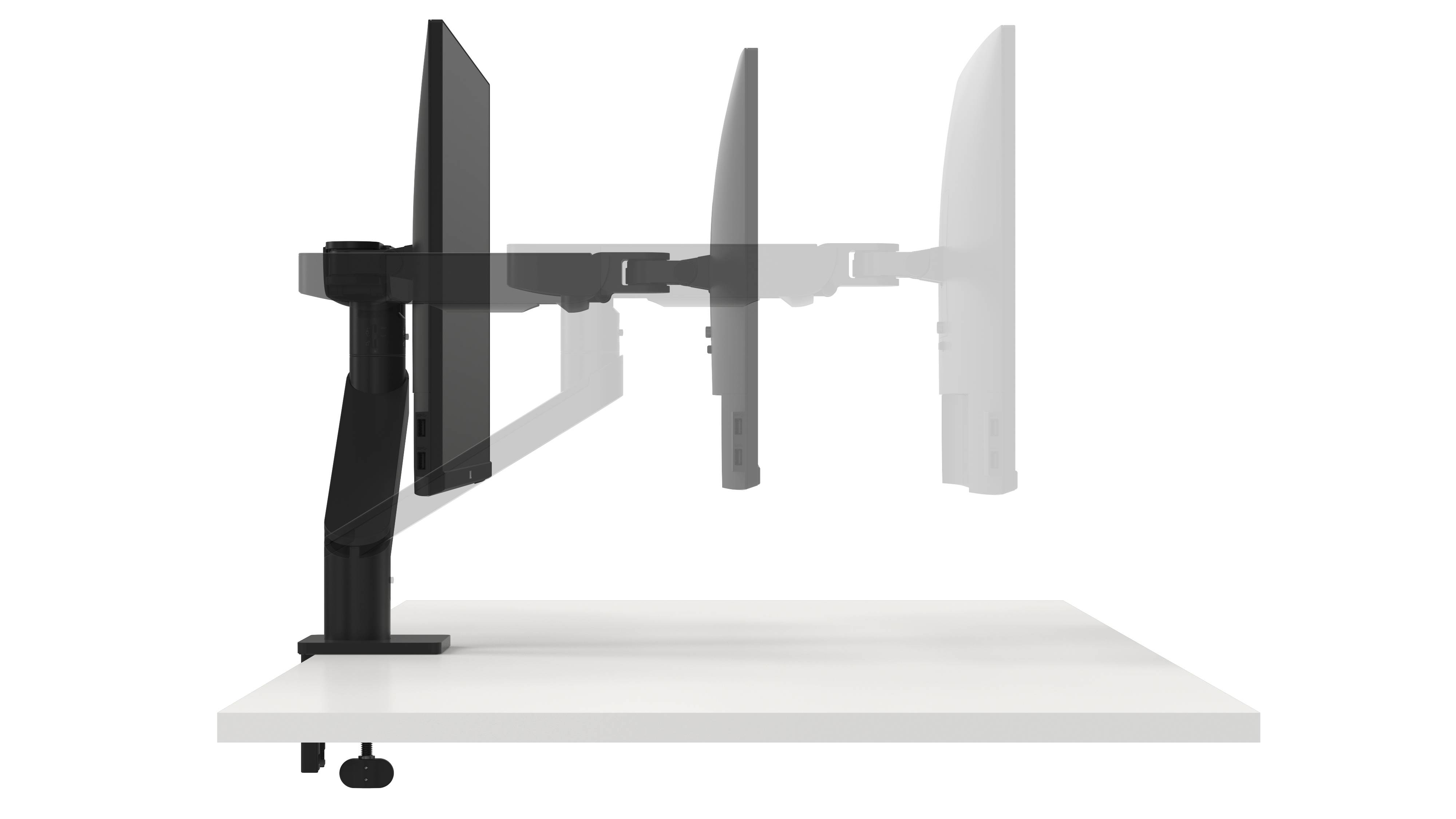 Support de moniteur avec bras ajustable, montrant le mouvement latéral d'un écran de gauche à droite sur un bureau.