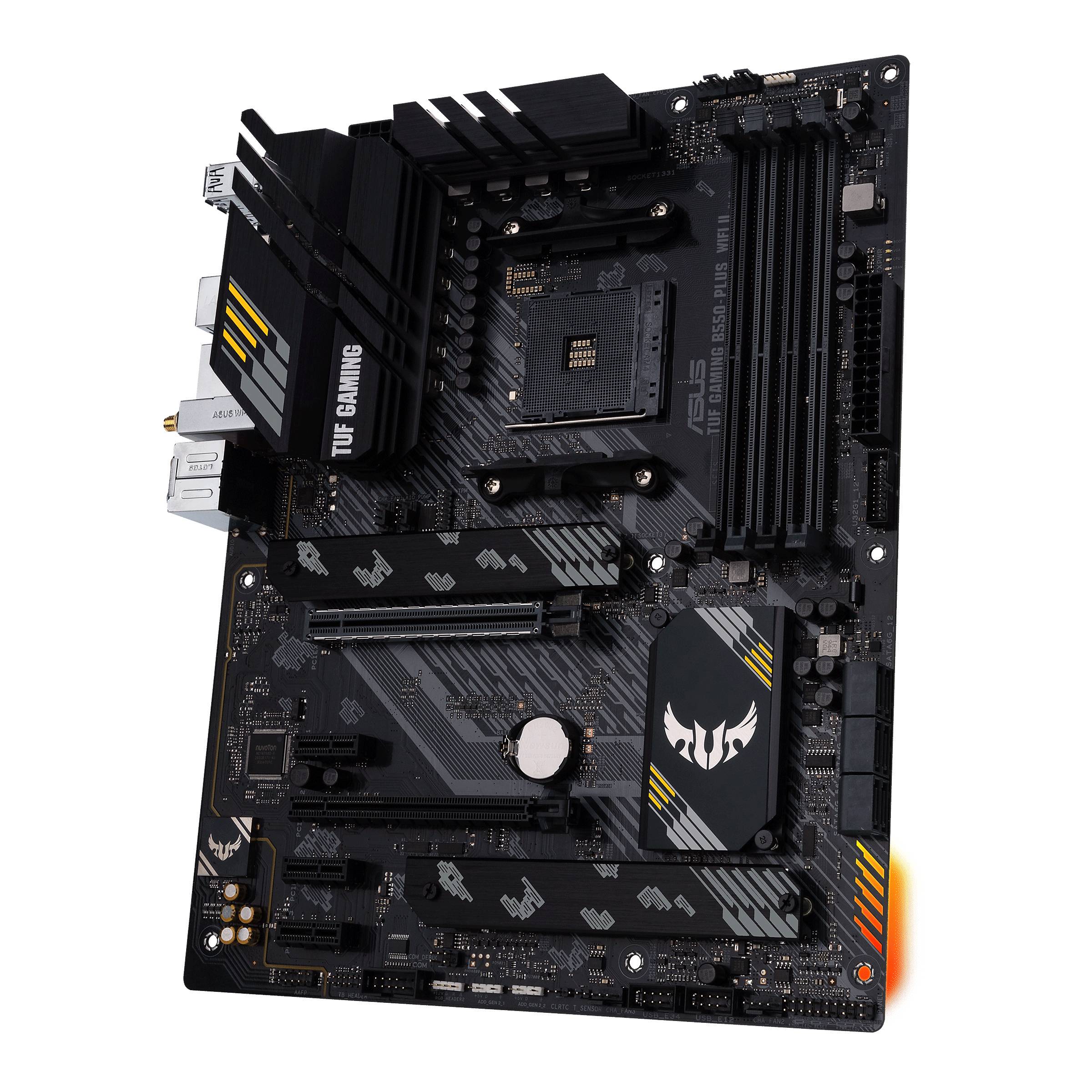 Une carte mère ASUS TUF Gaming au design noir avec des touches jaunes. Propose de nombreux ports et emplacements pour les composants PC.