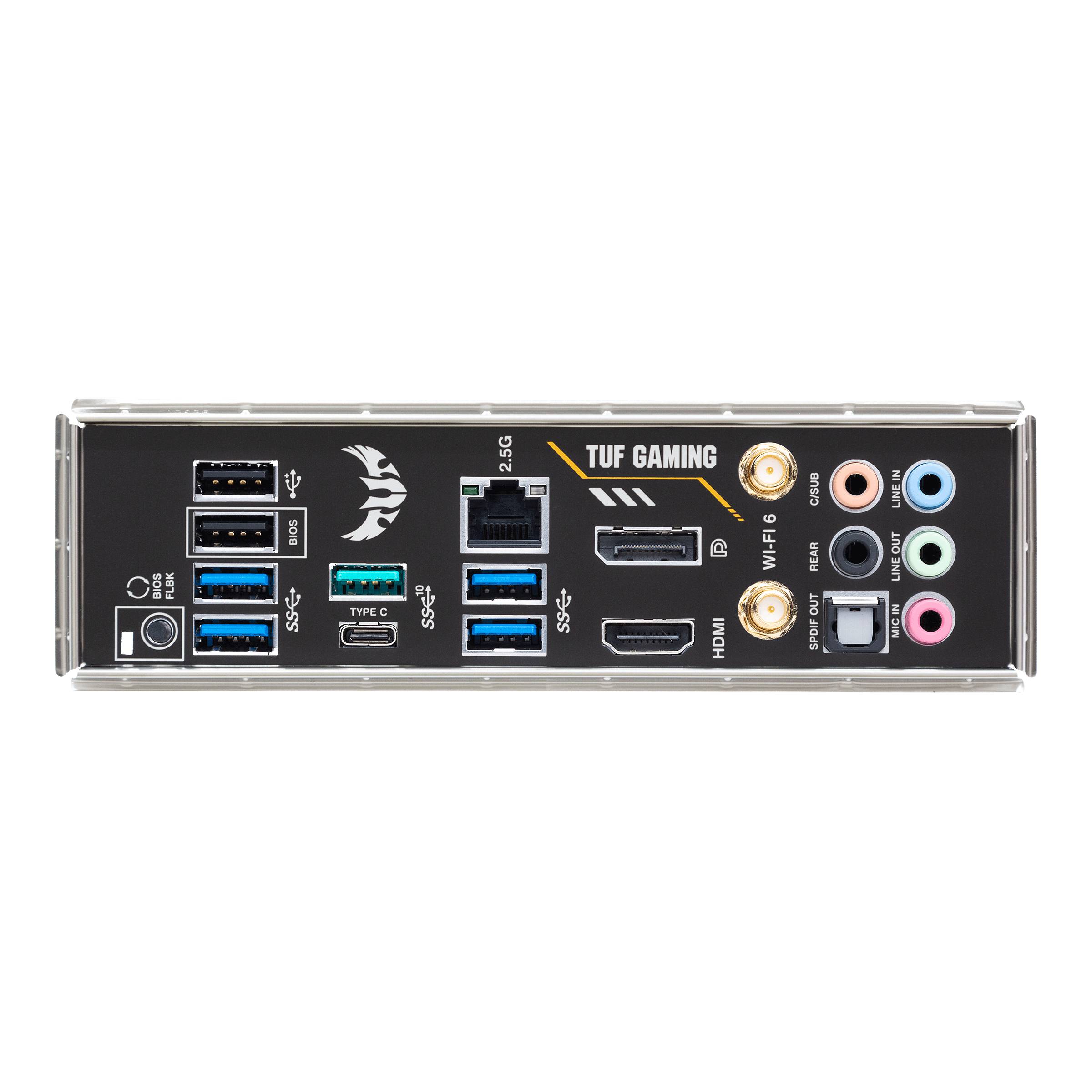 Arrière d'une carte mère d'ordinateur avec des ports USB, HDMI, LAN, prises audio, portant l'inscription 'TUF GAMING' et doté d'antennes Wi-Fi intégrées.
