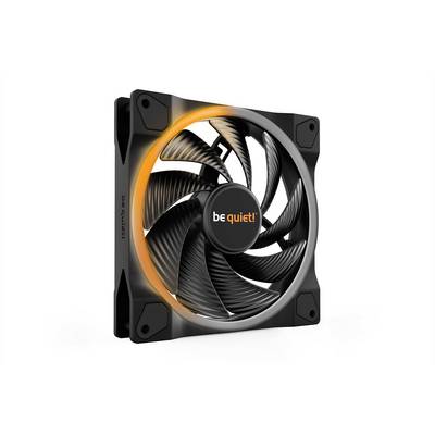 Ventilateur de refroidissement avec des pales de rotor noires et un châssis gris. Inscription 'be quiet!' au centre. Conçu pour un fonctionnement silencieux.