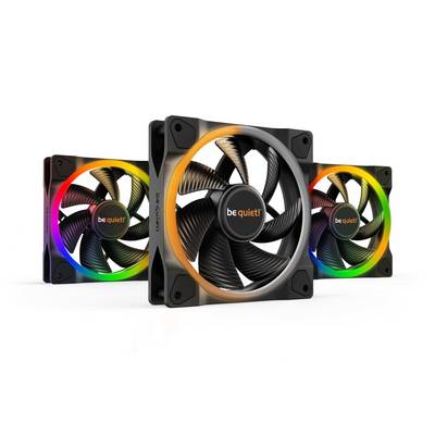Trois ventilateurs d'ordinateur de la marque 'be quiet!' avec éclairage RVB dans différents spectres de couleurs, placés sur un fond blanc.