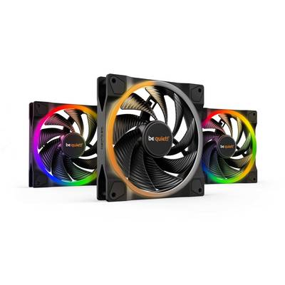 Trois ventilateurs d'ordinateur de la marque 'be quiet!' avec éclairage RVB dans différentes couleurs, disposés en angle.