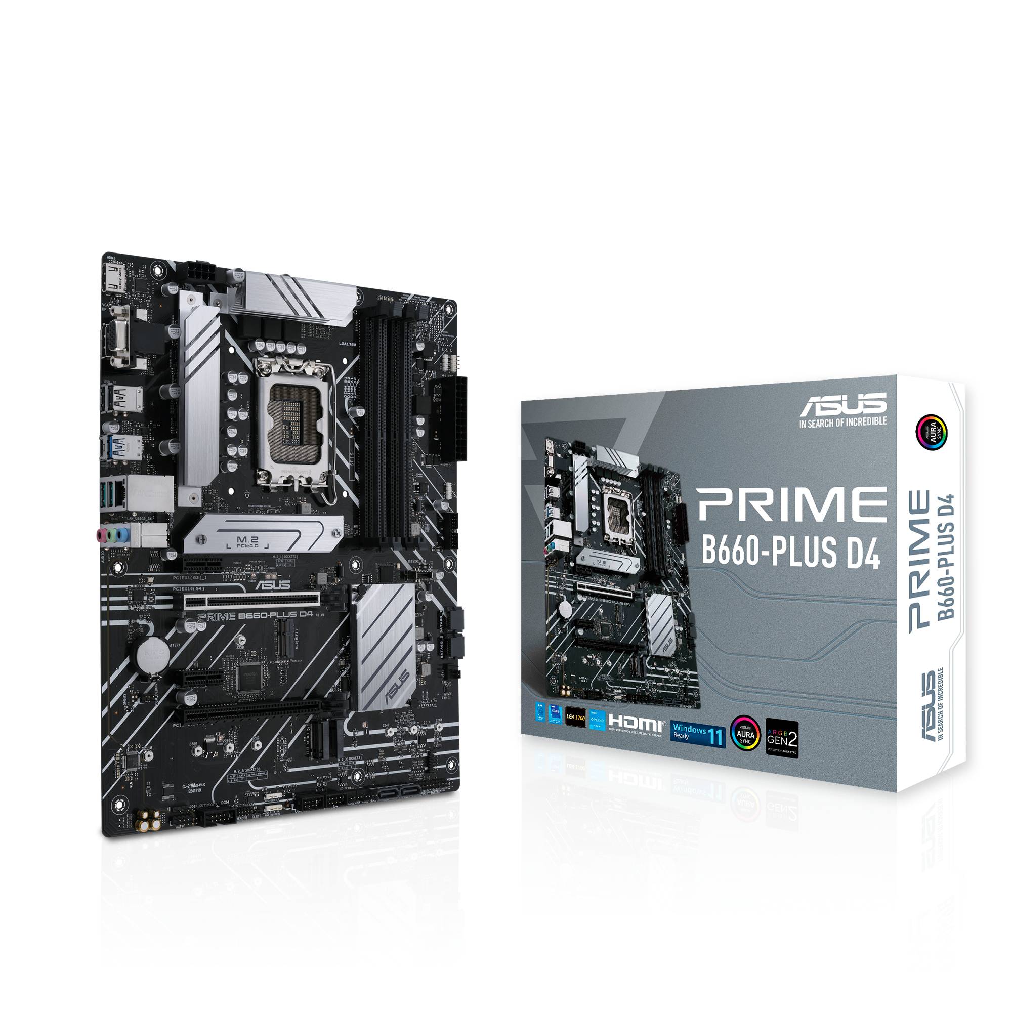 Carte mère ASUS Prime B660-PLUS D4 avec socket LGA1700, emplacements PCIe et logements mémoire. Emballage du produit à côté à droite.