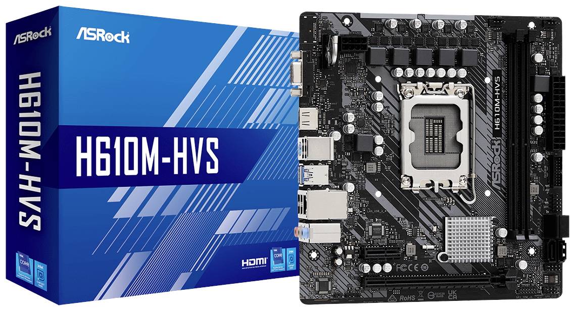 Une carte mère ASRock H610M-HVS à côté de son emballage bleu. La carte mère montre des connecteurs et des emplacements pour les composants d'un PC.