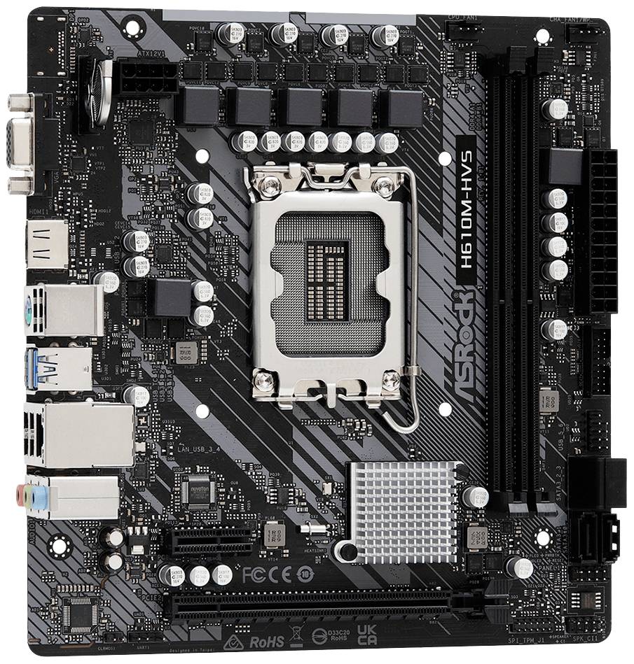 L'image présente une carte mère ASRock H610M-HVS avec plusieurs connecteurs et emplacements, adaptée aux mises à niveau et personnalisations de matériel informatique.