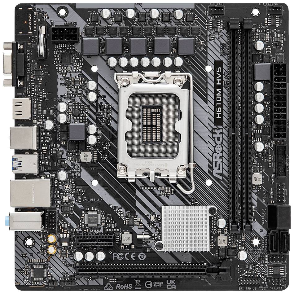 Carte mère noire ASRock avec différentes connexions, un socket processeur au centre et plusieurs emplacements d'extension environnants.