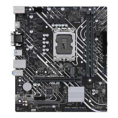 Une carte mère noire ASUS avec différents connecteurs et circuits, modèle PRIME H610M-D D4, socket LGA1700.