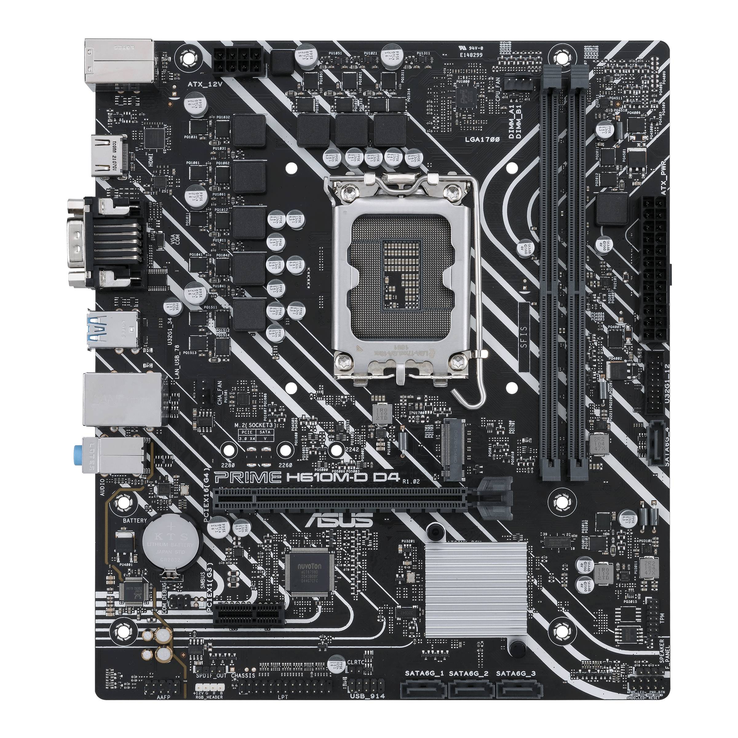 Une carte mère ASUS noire avec différentes connexions et composants tels que le socket CPU, les emplacements RAM et les dissipateurs thermiques.