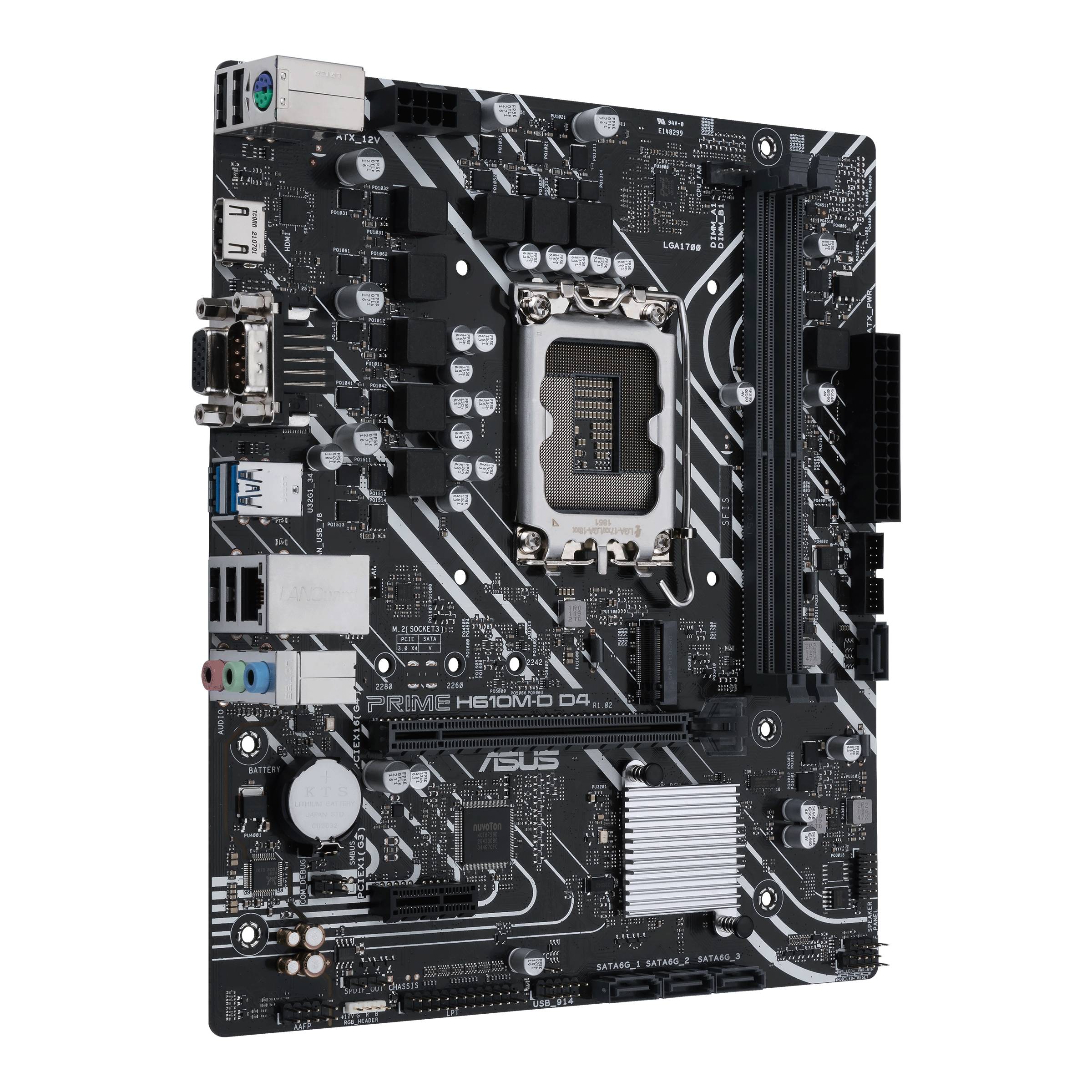La photo montre une carte mère ASUS Prime H610M-D D4 avec différents ports et emplacements pour les composants d'un PC.