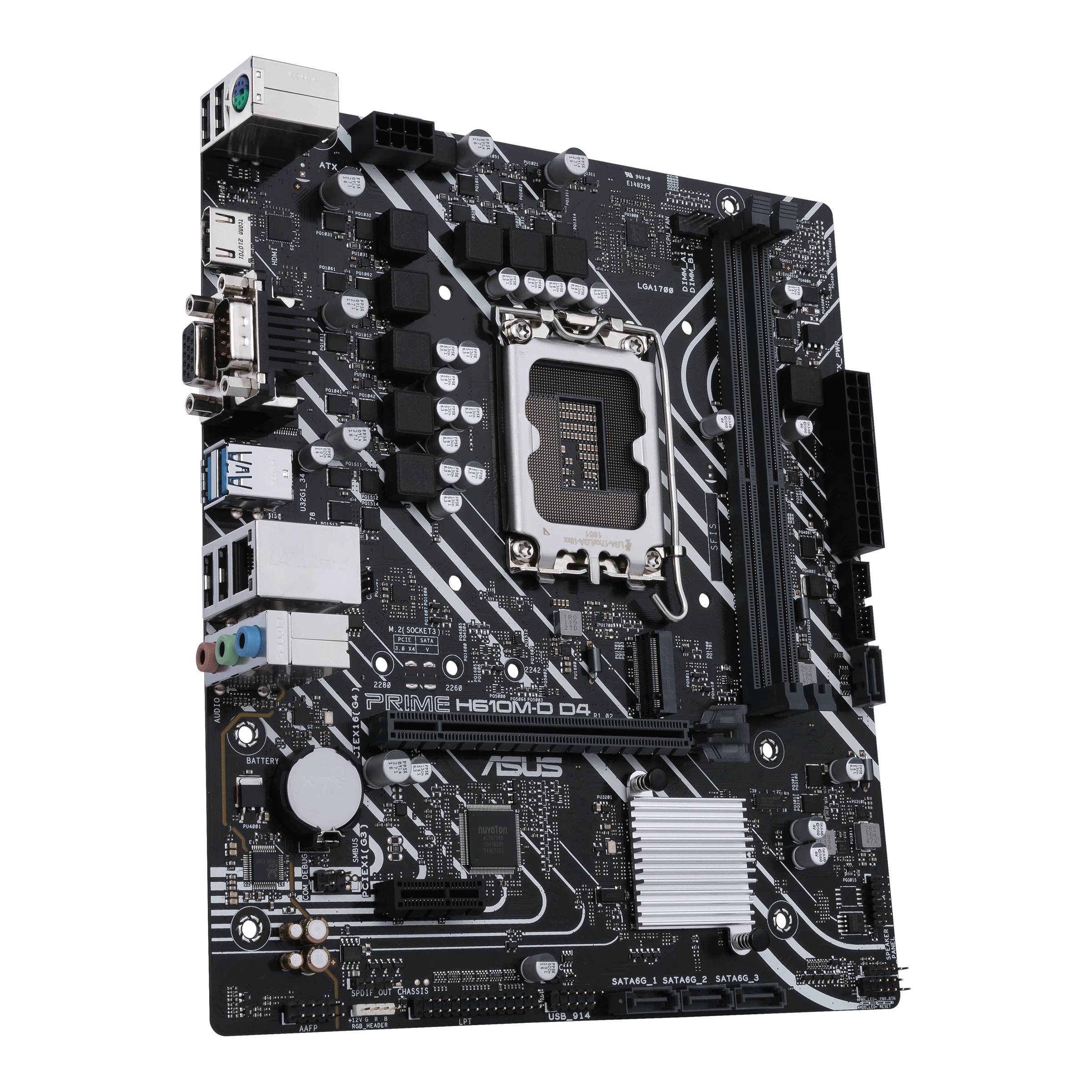 Une carte mère ASUS noire avec des marquages blancs et des circuits imprimés, diverses connexions en haut et à gauche.