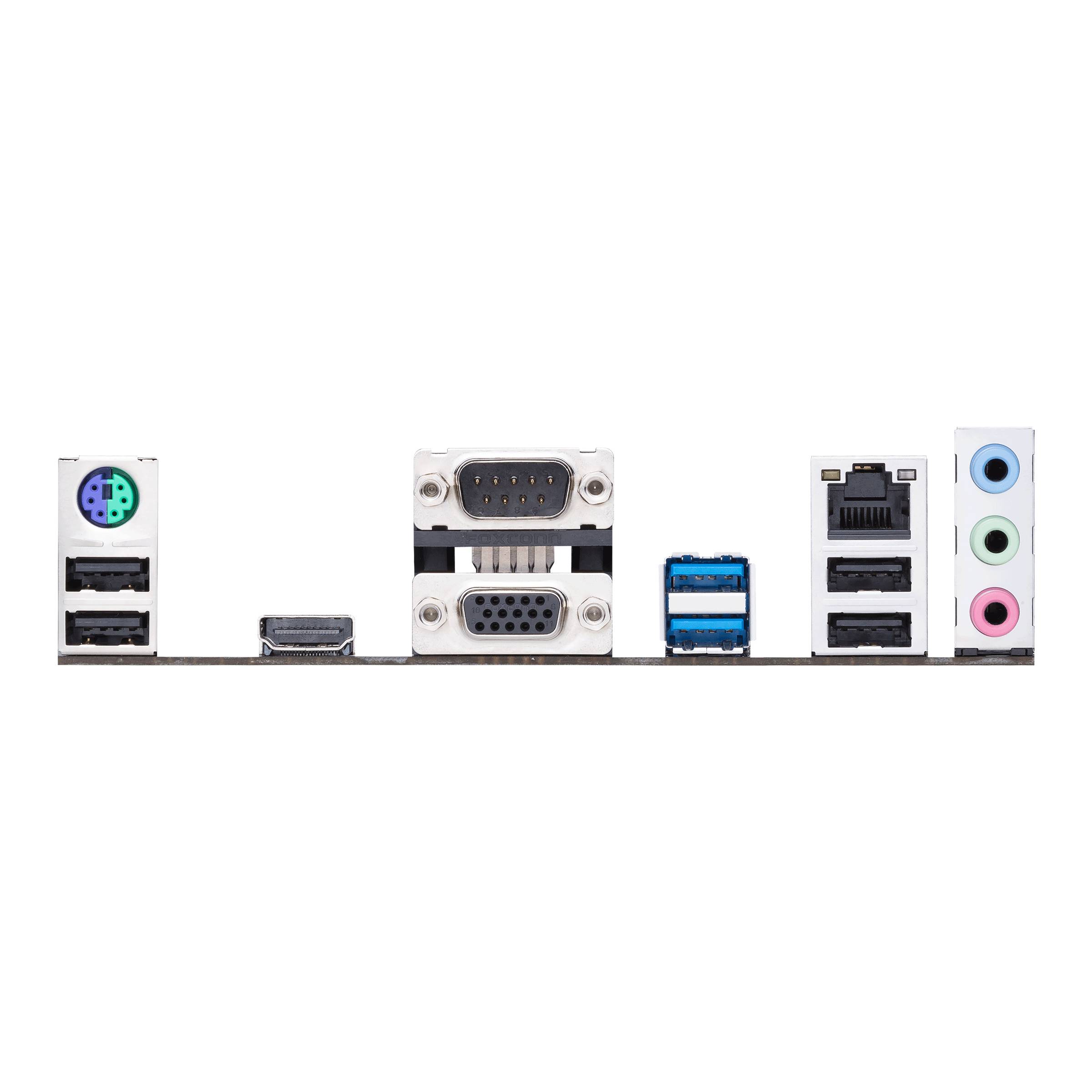 Dos d'une carte mère avec des ports : PS/2, VGA, DVI, HDMI, USB, Ethernet, entrée et sortie audio. Disposition de gauche à droite.
