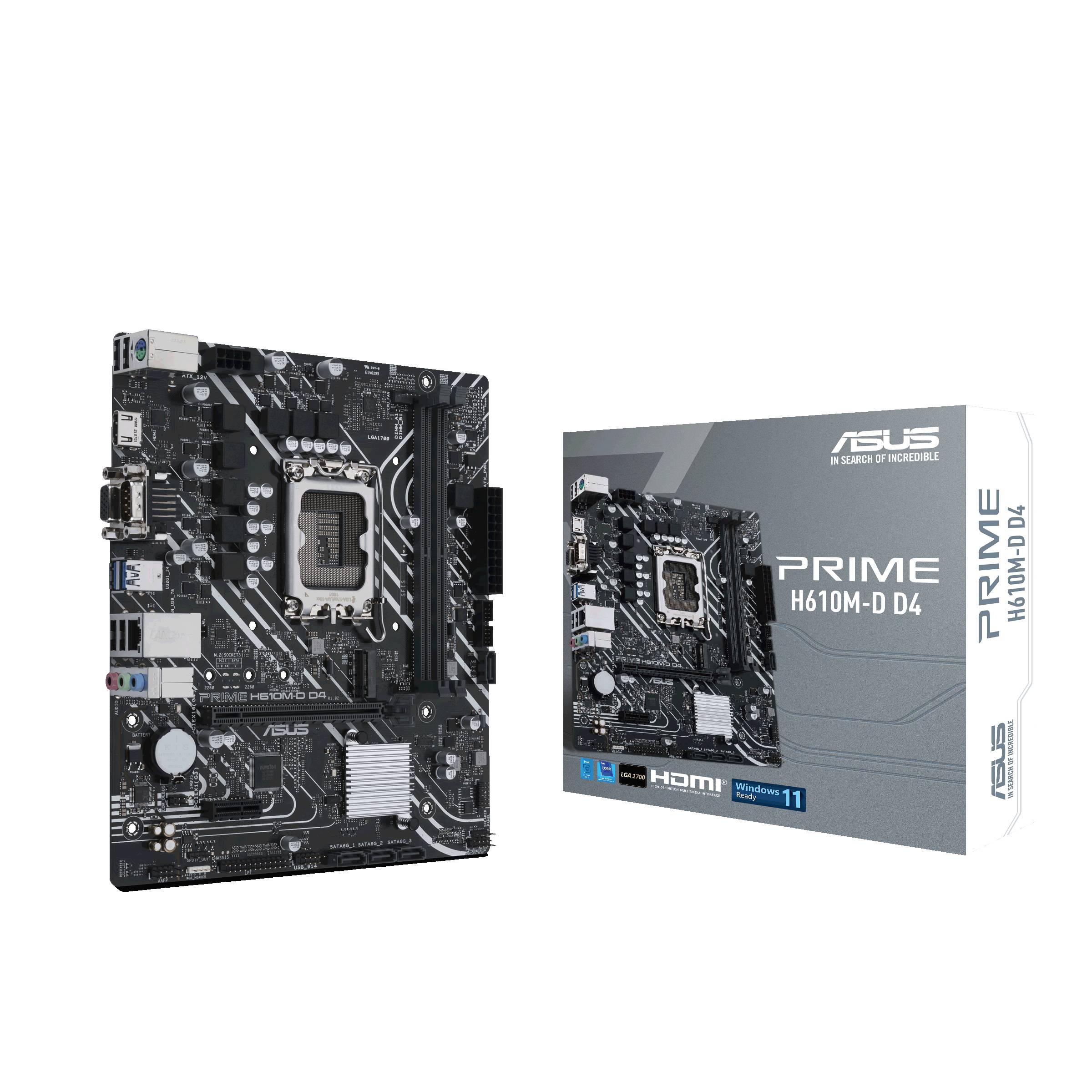 Carte mère ASUS PRIME H610M-D D4 avant son emballage. Le carton présente l'image du produit et les principales caractéristiques techniques.