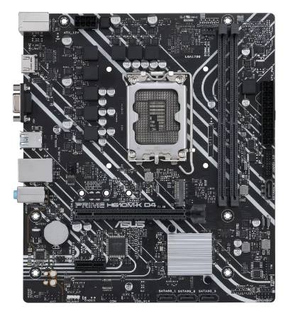 Une carte mère noire montre un socket de processeur Intel, des emplacements pour RAM et divers connecteurs pour périphériques.