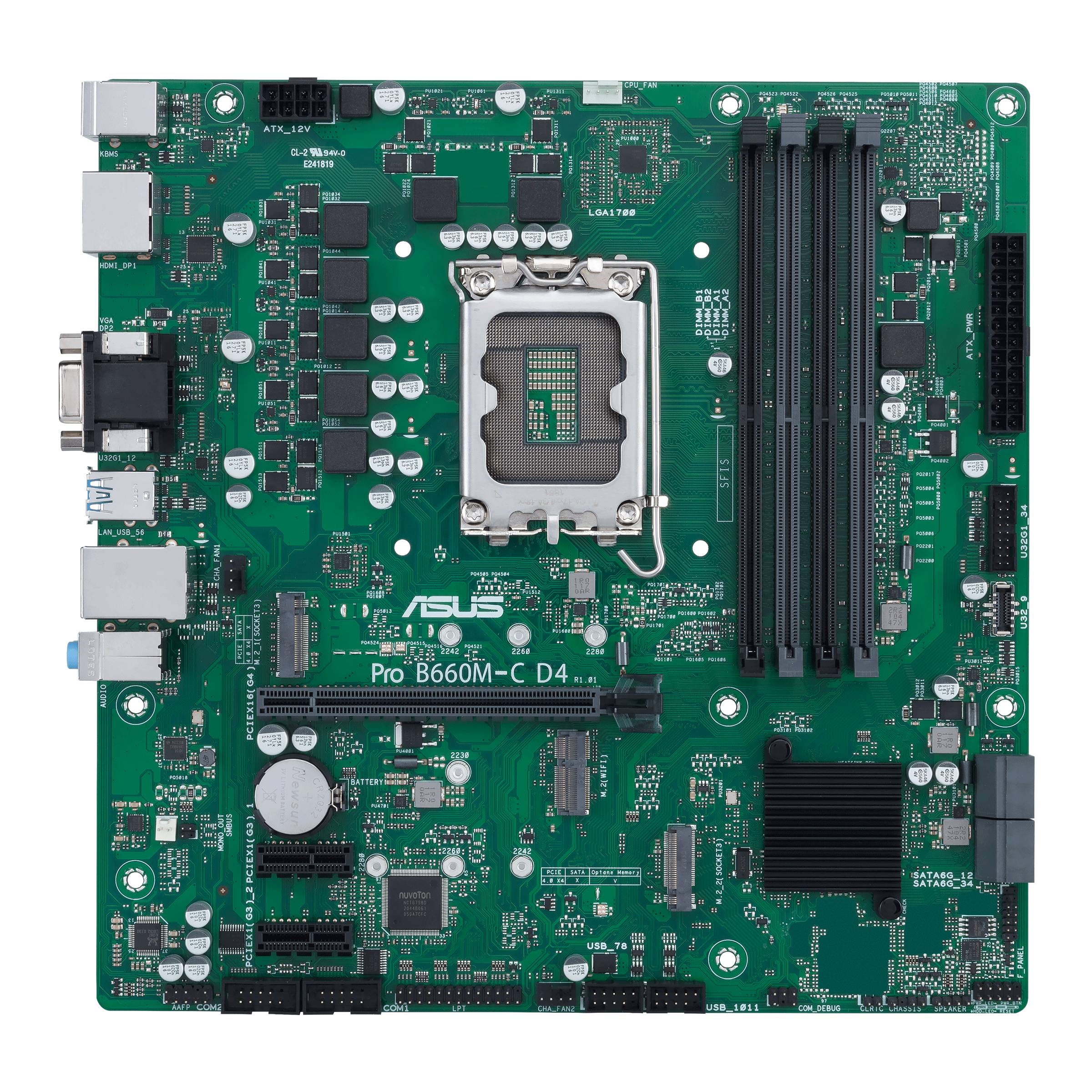 Carte mère ASUS Pro B660M-C D4 avec socket Intel et plusieurs emplacements PCIe, emplacements RAM et connecteurs pour périphériques.