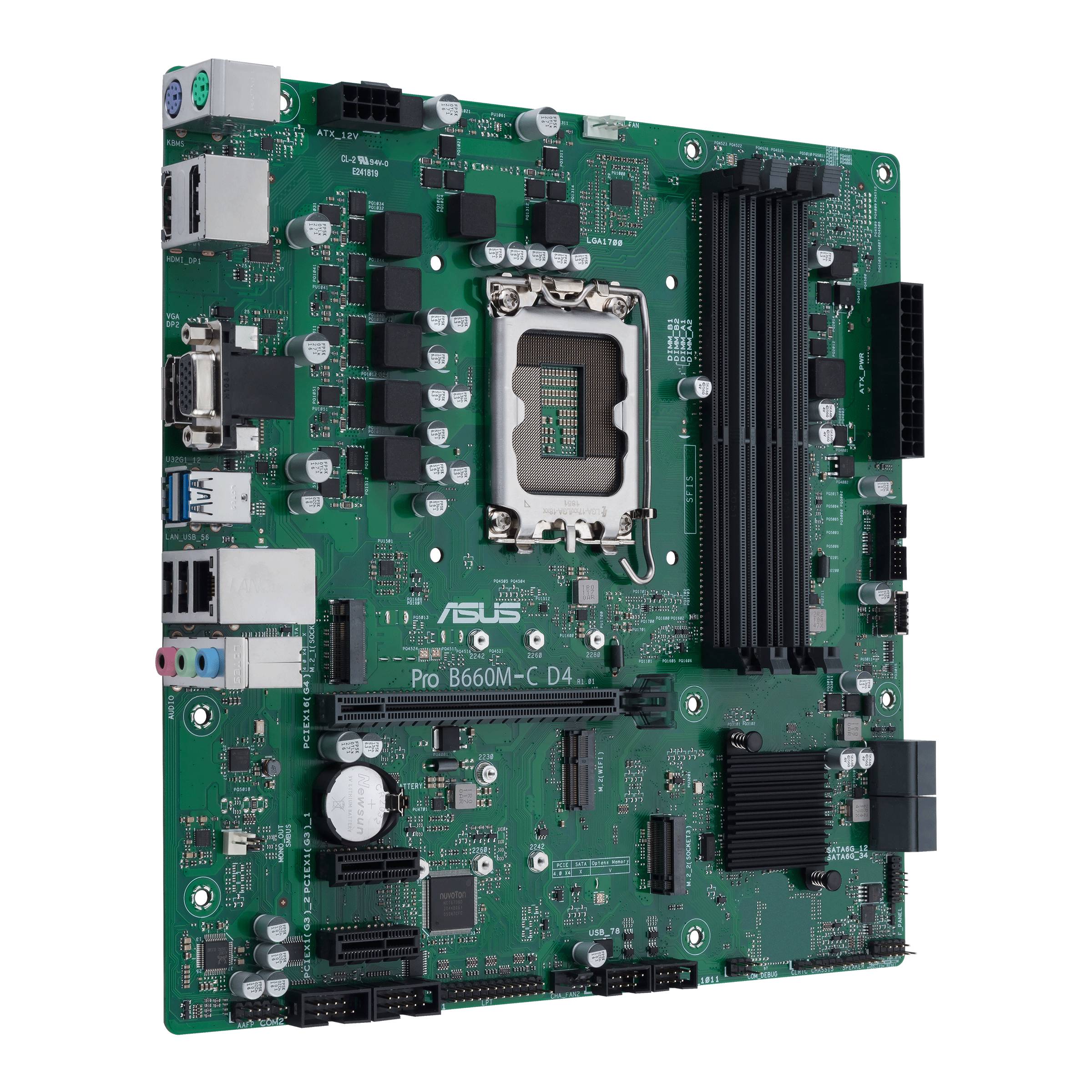 Une carte mère verte avec plusieurs emplacements d'extension, connecteurs et un grand socket de CPU au centre. Le nom de la marque est visible.