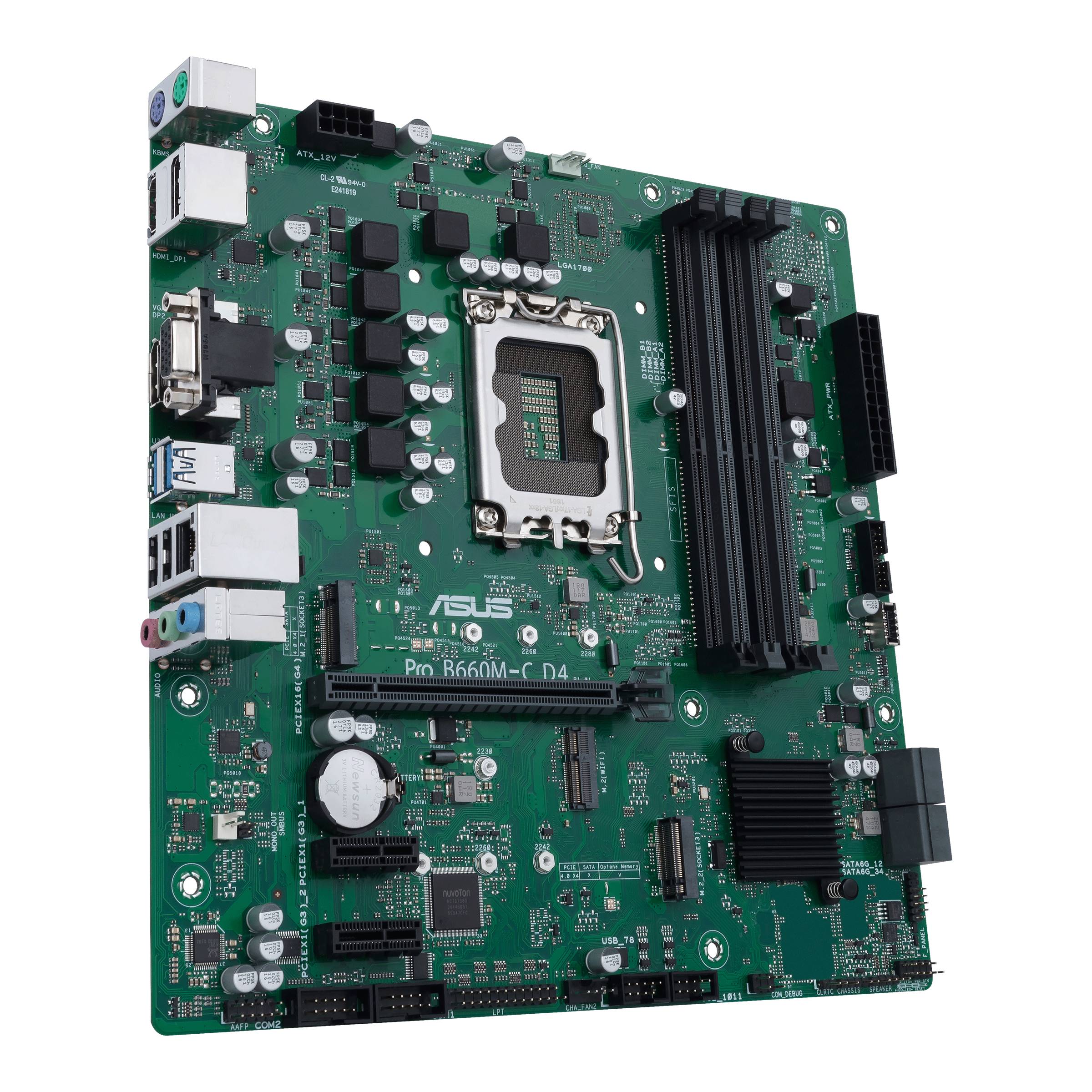 Une carte mère verte d'ASUS avec plusieurs puces, emplacements et connecteurs, présentant une configuration de circuit complexe.