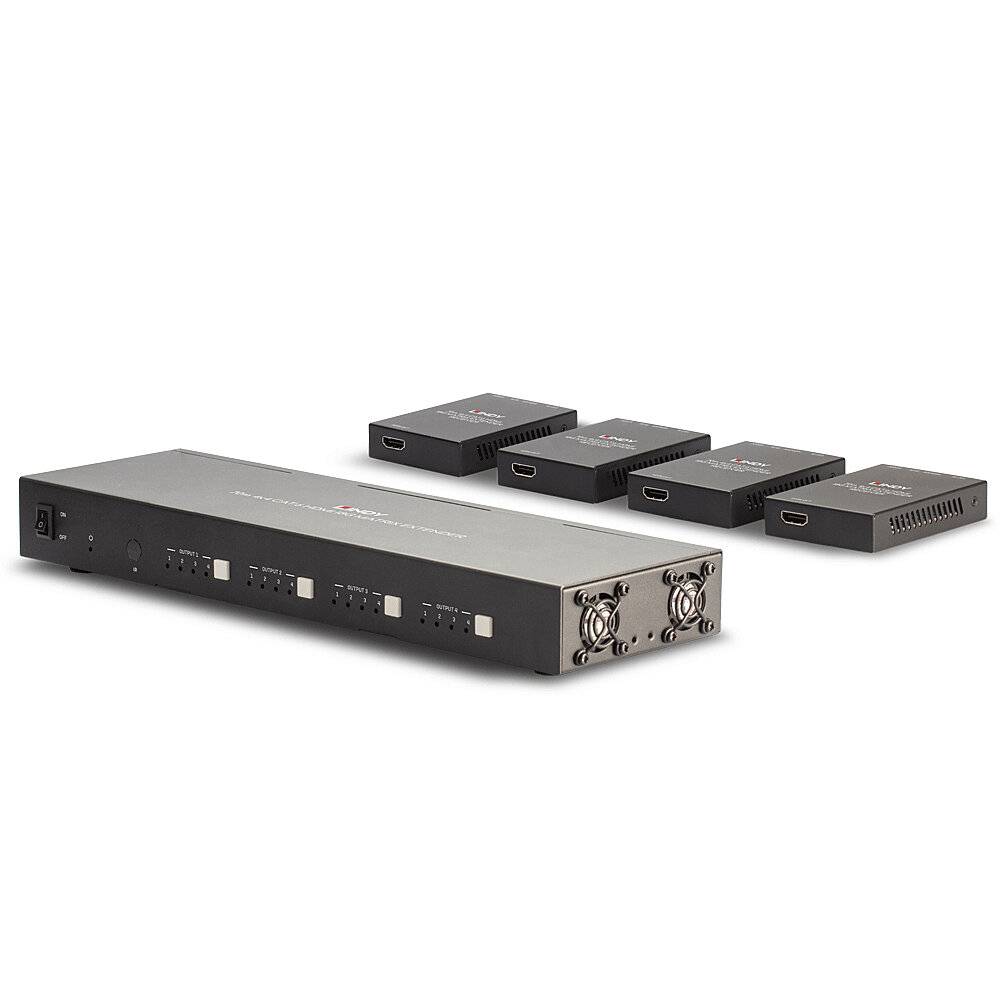 Un répartiteur HDMI noir à quatre sorties, à côté de quatre petits récepteurs de la même couleur. La disposition suggère une distribution de signal.
