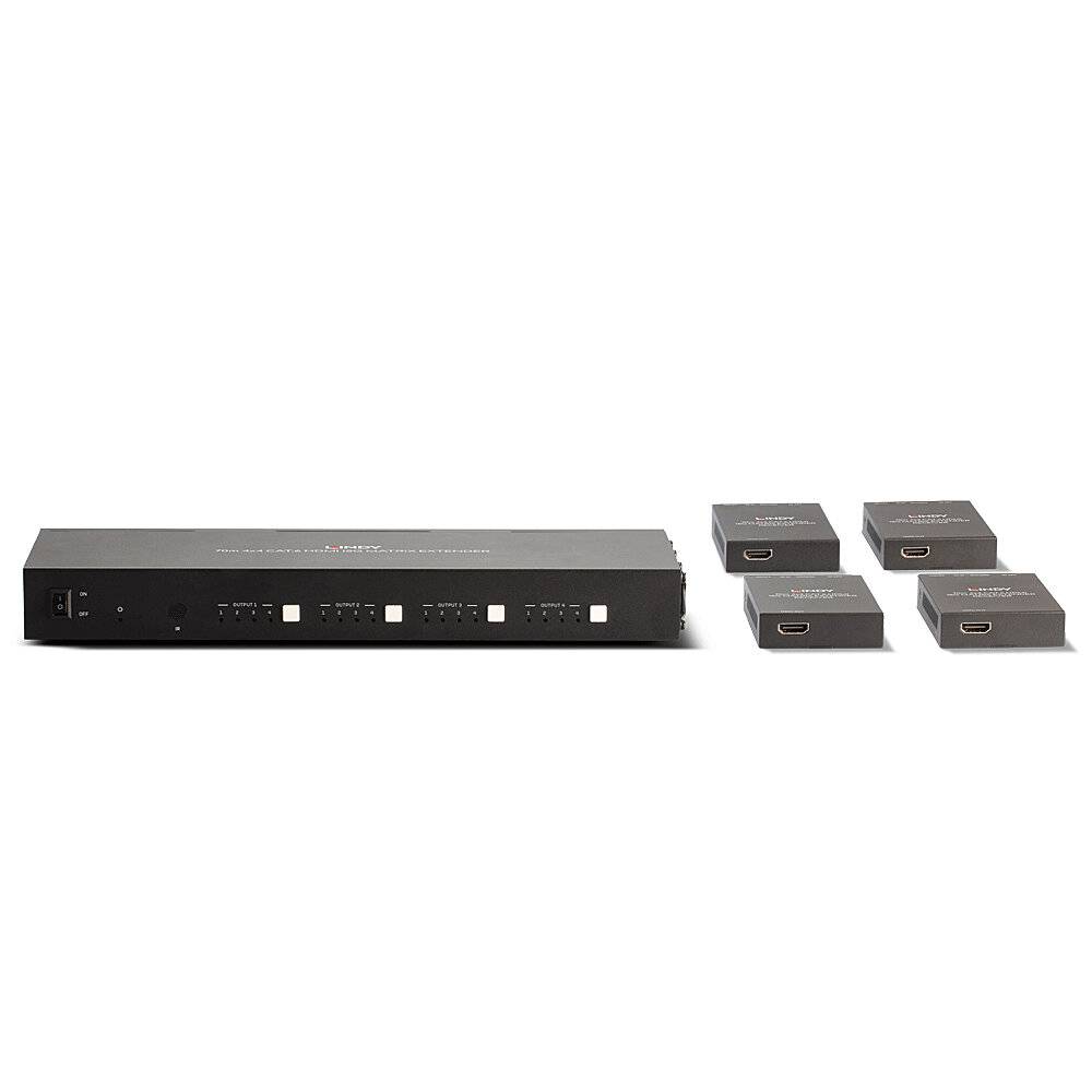 Un commutateur HDMI avec plusieurs entrées et quatre petits récepteurs HDMI à côté, tous en noir. Adapté pour les transmissions audio-vidéo.