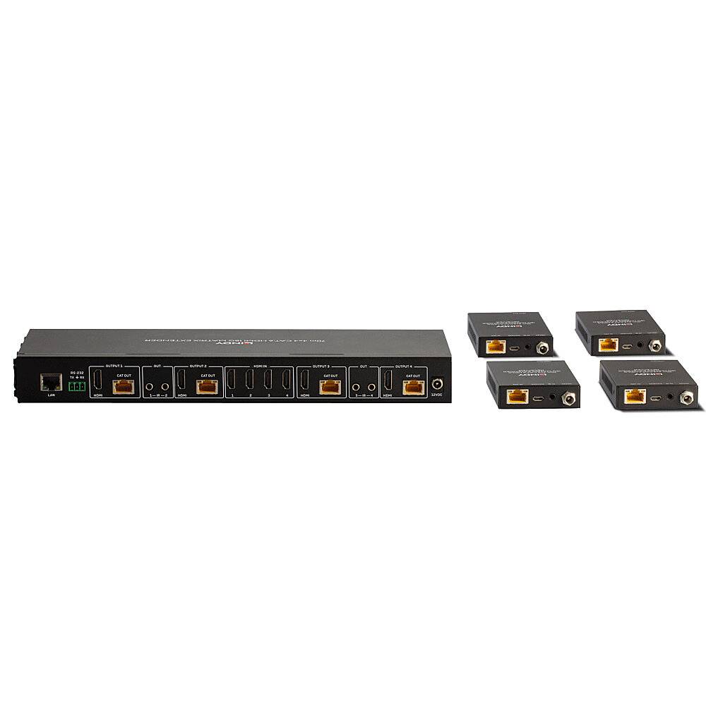 Un répartiteur HDMI avec quatre sorties et quatre unités de réception séparées. Adapté pour la transmission de signaux vidéo sur plusieurs écrans.