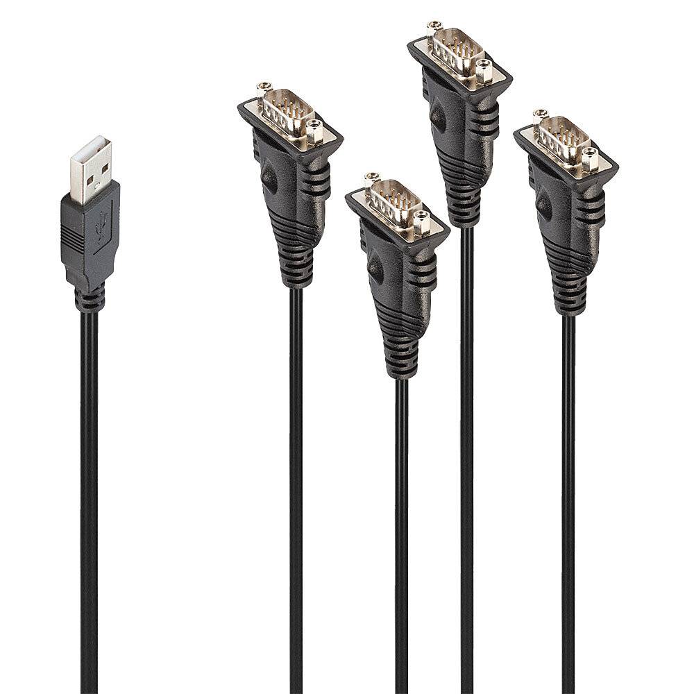 'Câble adaptateur USB vers RS232 avec une fiche USB et quatre ports RS232.'