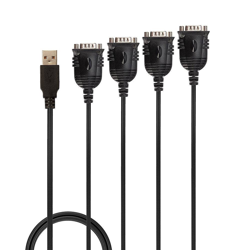 Un câble USB noir qui se divise en quatre connexions identiques, avec des embouts métalliques pour plusieurs connexions d'appareils.