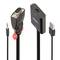 Un adaptateur VGA vers HDMI avec câble audio et alimentation USB. L'adaptateur est noir avec logo de marque. Utilisé pour la transmission vidéo.