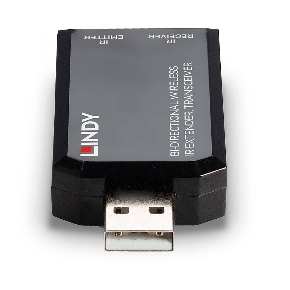 Un périphérique USB portant l'inscription 'Lindy' et 'Émetteur-récepteur infrarouge bidirectionnel sans fil'. Il permet de prolonger sans fil les signaux infrarouges.