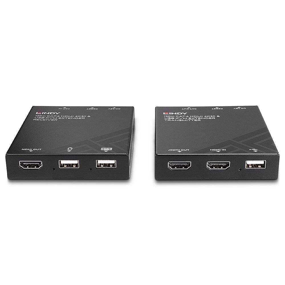 Deux appareils de commutation KVM noirs avec plusieurs ports, comprenant des ports HDMI et USB, disposés côte à côte sur un fond blanc.