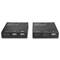 Deux convertisseurs HDMI noirs sur Cat6 avec ports USB et audio. Un émetteur à gauche, un récepteur à droite. Les deux portant le logo LINDY.