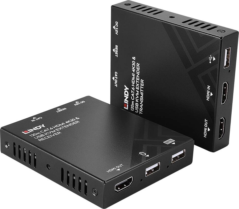 Deux appareils d'extension HDMI noirs de Lindy avec des étiquettes et des ports HDMI, qui peuvent être utilisés pour transmettre des signaux sur de longues distances.