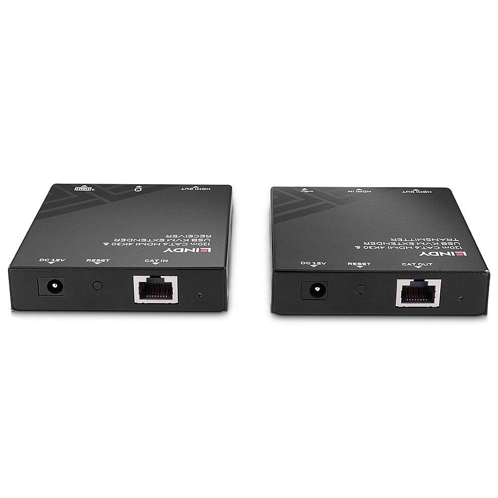 Deux interfaces réseau noires avec des connexions Ethernet et DC, côte à côte. Le logo de marque 'LINDY' est visible.
