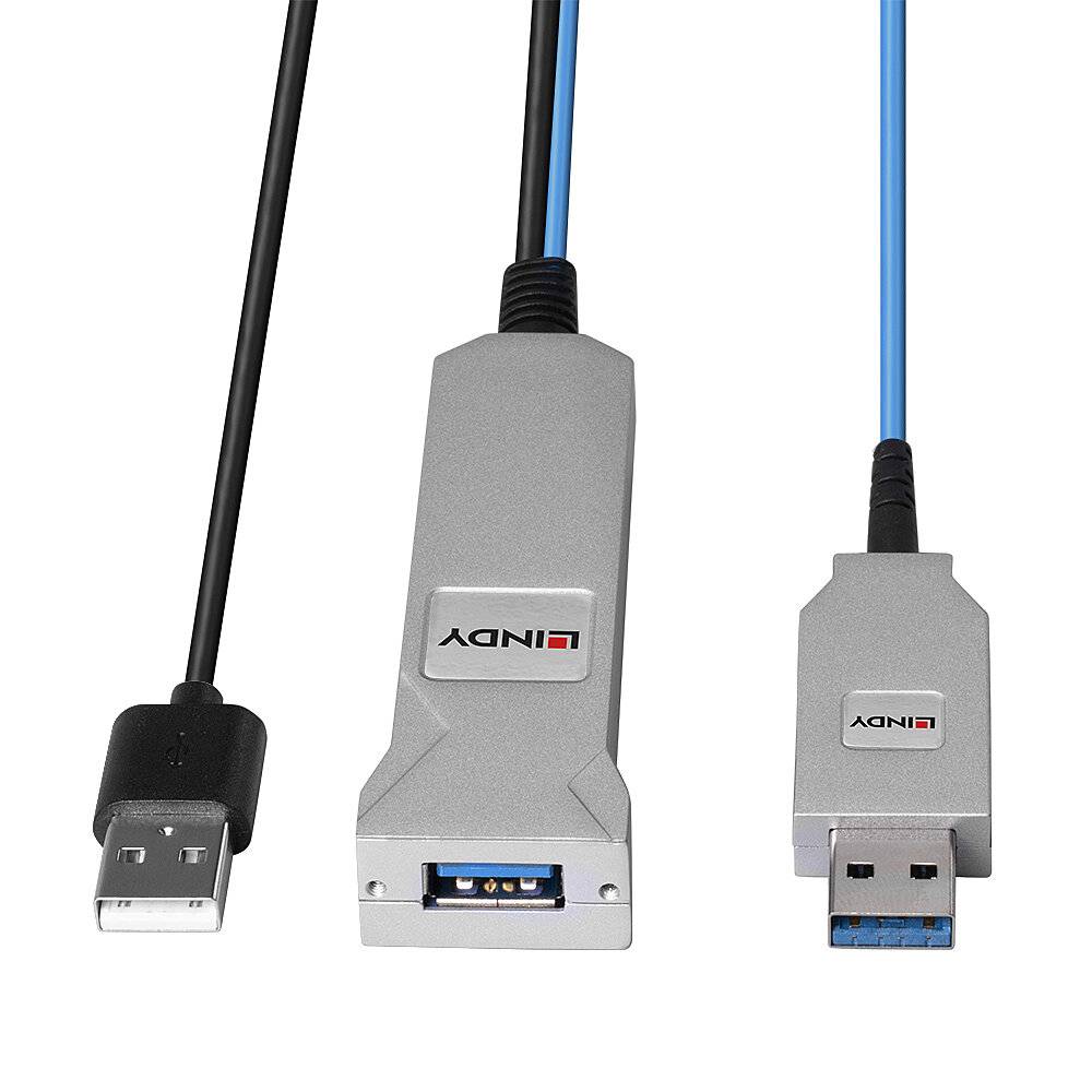 Un câble adaptateur avec une connexion USB à gauche et une connexion eSATA à droite, tous deux portant le logo LINDY. Sert à connecter des appareils.