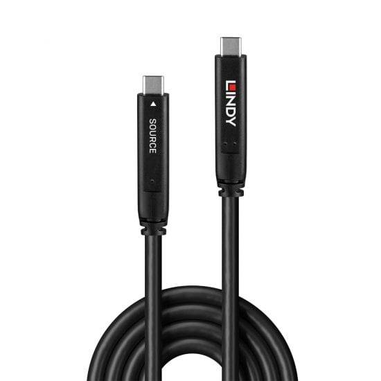 Un câble Thunderbolt noir avec des connecteurs aux deux extrémités. L'un est marqué « Source », l'autre porte le logo « Lindy ».