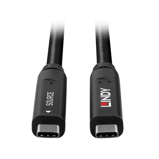 Deux fiches de câble USB-C avec un boîtier noir. L'une est étiquetée 'SOURCE', l'autre porte le logo 'LINDY'.